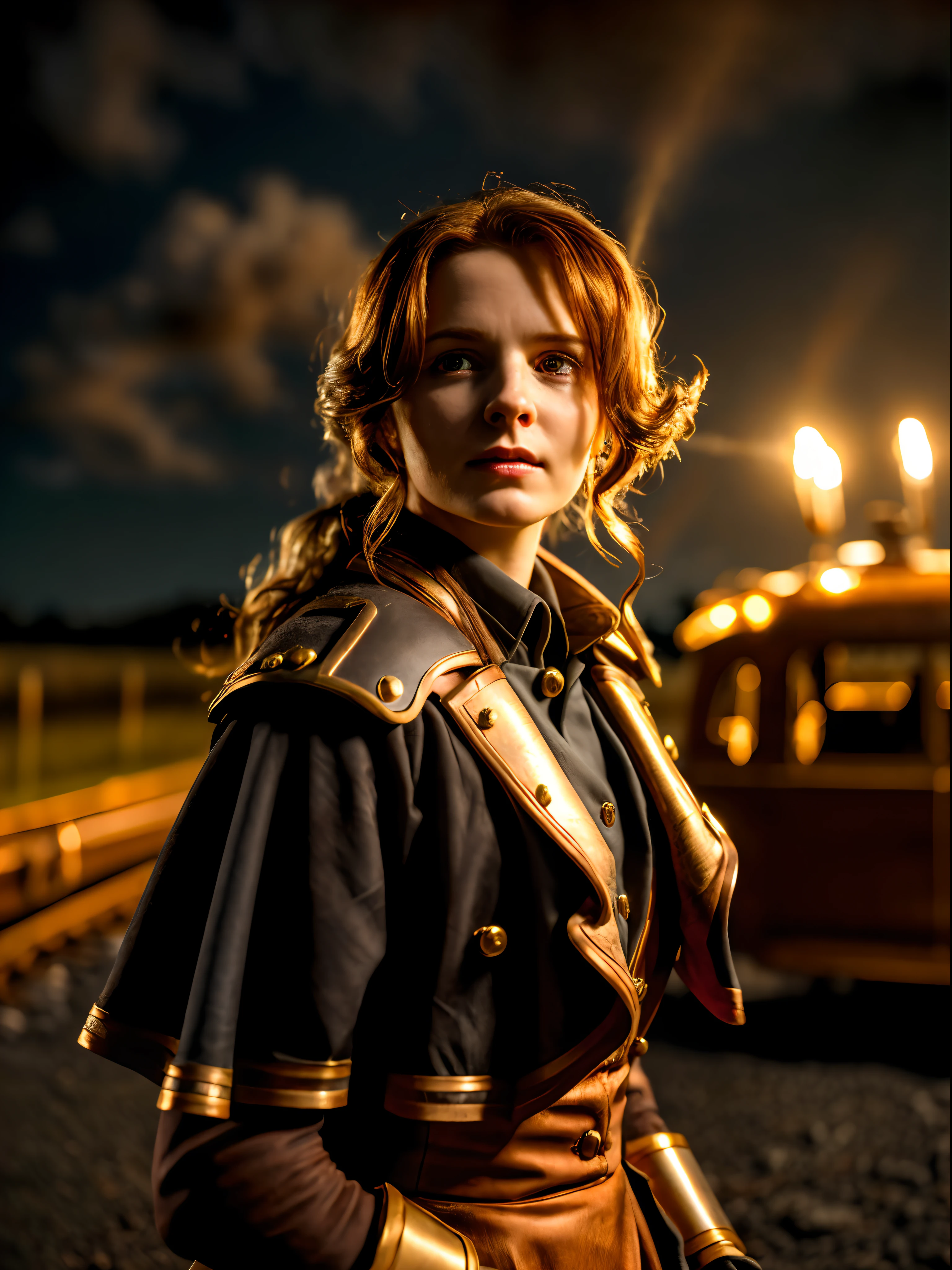 Masterpiece, Realistic, Photorealistic, Ultra Detailed, 8K, RAW photo, Depth of field, Realistic light, cinematic composition, skyscape with clouds,  nightfall, Depth of field, 35 mm, Soft steampunk aesthetic, Kate Walker, full-length portrait,  Short Windblown Skirt, Smudge contour, like a "Syberia" series of games, Cute sexy, pleasure, Depth of field, (focus: 1.2), Dark atmosphere, Cinematic lighting, Detailed face and skin texture, Copper Hair Color, Action movie Style, Faded colors,  Steam locomotive on the background