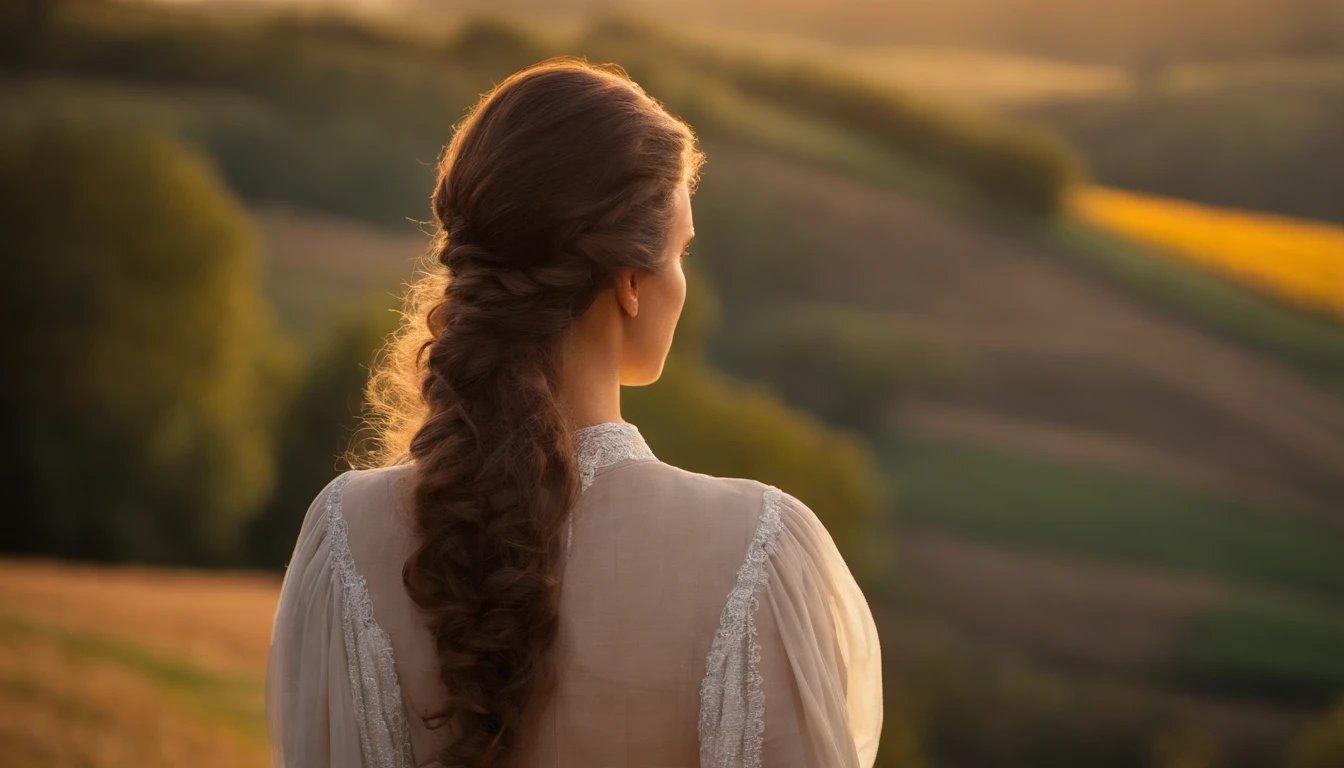 Amelia, a pretty, young brunettle with long curly hair, picture taken from BEHIND, face NOT visible, as she takes in the Tuscan countryside in a contemplative fashion. The viewer should be like standing behind Amelia. Paint a vivid scene that transports us to the heart of a picturesque Tuscan village. Nestled amidst rolling hills, this charming haven exudes timeless beauty with its centuries-old architecture and breathtaking landscapes. a sunset paints the rolling hills. its rustic charm emanating a sense of comfort and warmth.. Convey the magic of cross-cultural connection as they share stories and laughter over a delightful, shared meal. The image should be a celebration of the unspoken bonds forged through travel, transcending linguistic limitations to touch the soul.