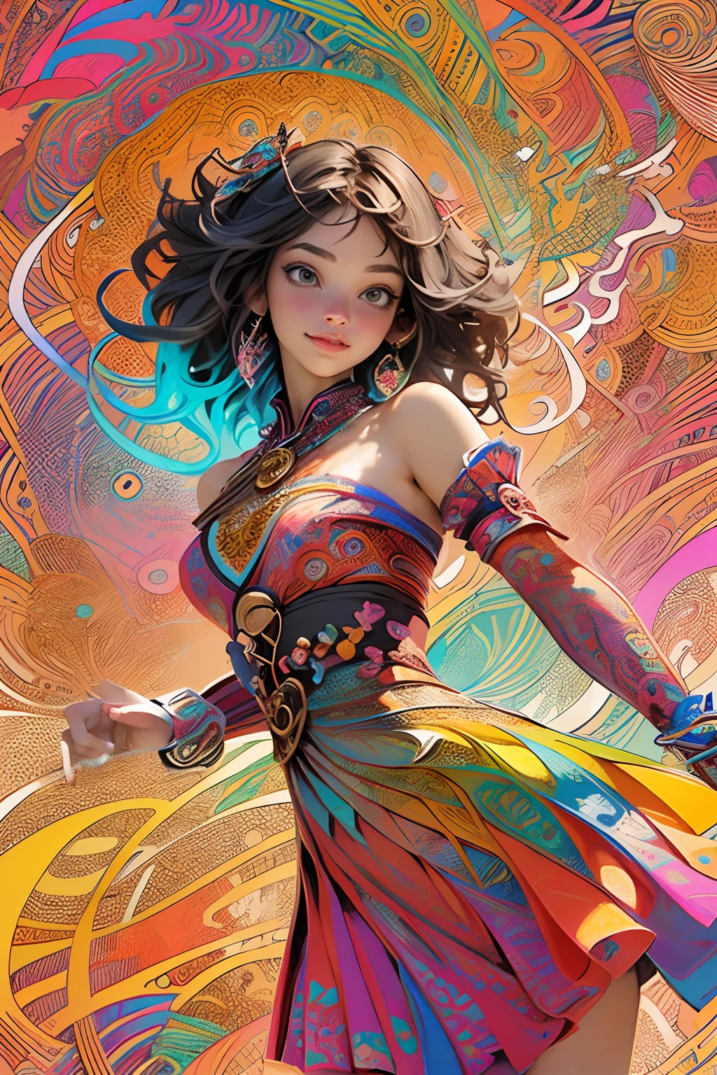 (masterpiece, top quality, best quality, official art, beautiful and aesthetic:1.2), (1girl:1.3), extremely detailed,(fractal art:1.2),colorful, highest detailed,(zentangle:1.2), (dynamic pose), (abstract background:1.5), (treditional dress:1.2), (shiny skin), (many colors:1.4), upper body
