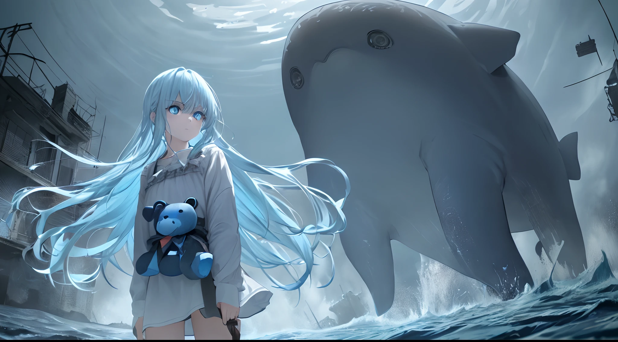 1girll, Light blue hair, Blue eyes, (cowboy_Shot:1.2), Face focus, Long hair, side locks, Scared,(terrified:1.1) , holding teddy bear, Atmospheric lighting, Moody, Darkness, At the bottom of the sea,Giant whales surround,Dusty, Post-apocalypse, masterful, Beautiful 8k wallpaper, Extremely detailed, iintricate。