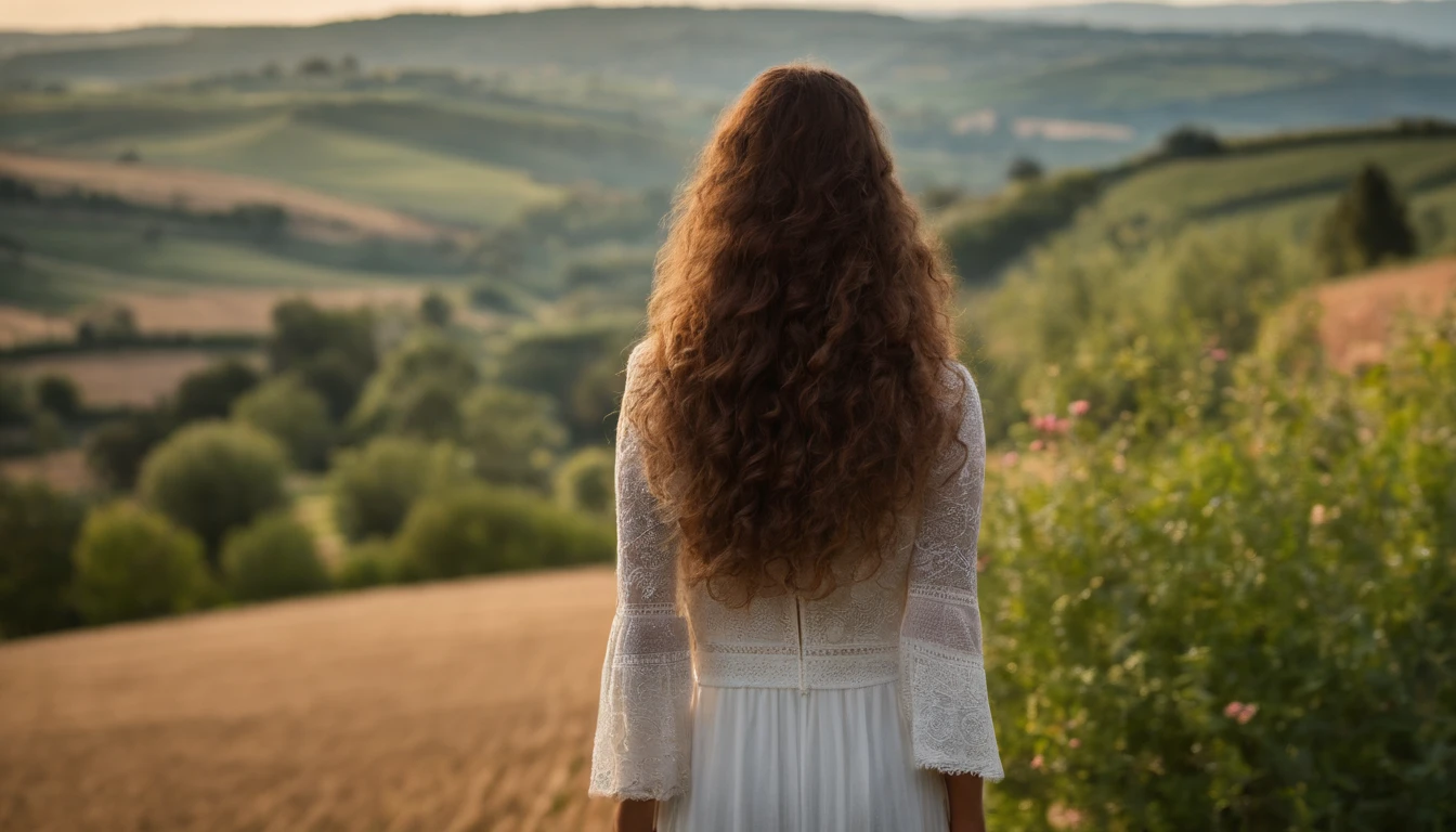 Amelia, a pretty, young brunettle with long curly hair, picture taken from BEHIND, face NOT visible, as she takes in the Tuscan countryside in a contemplative fashion. She should be dressed in mmodern, trendy, comfortable clothes. The viewer should be like standing behind Amelia. Paint a vivid scene that transports us to the heart of a picturesque Tuscan village. Nestled amidst rolling hills, this charming haven exudes timeless beauty with its centuries-old architecture and breathtaking landscapes. a sunset paints the rolling hills. its rustic charm emanating a sense of comfort and warmth.. Convey the magic of cross-cultural connection as they share stories and laughter over a delightful, shared meal. The image should be a celebration of the unspoken bonds forged through travel, transcending linguistic limitations to touch the soul.