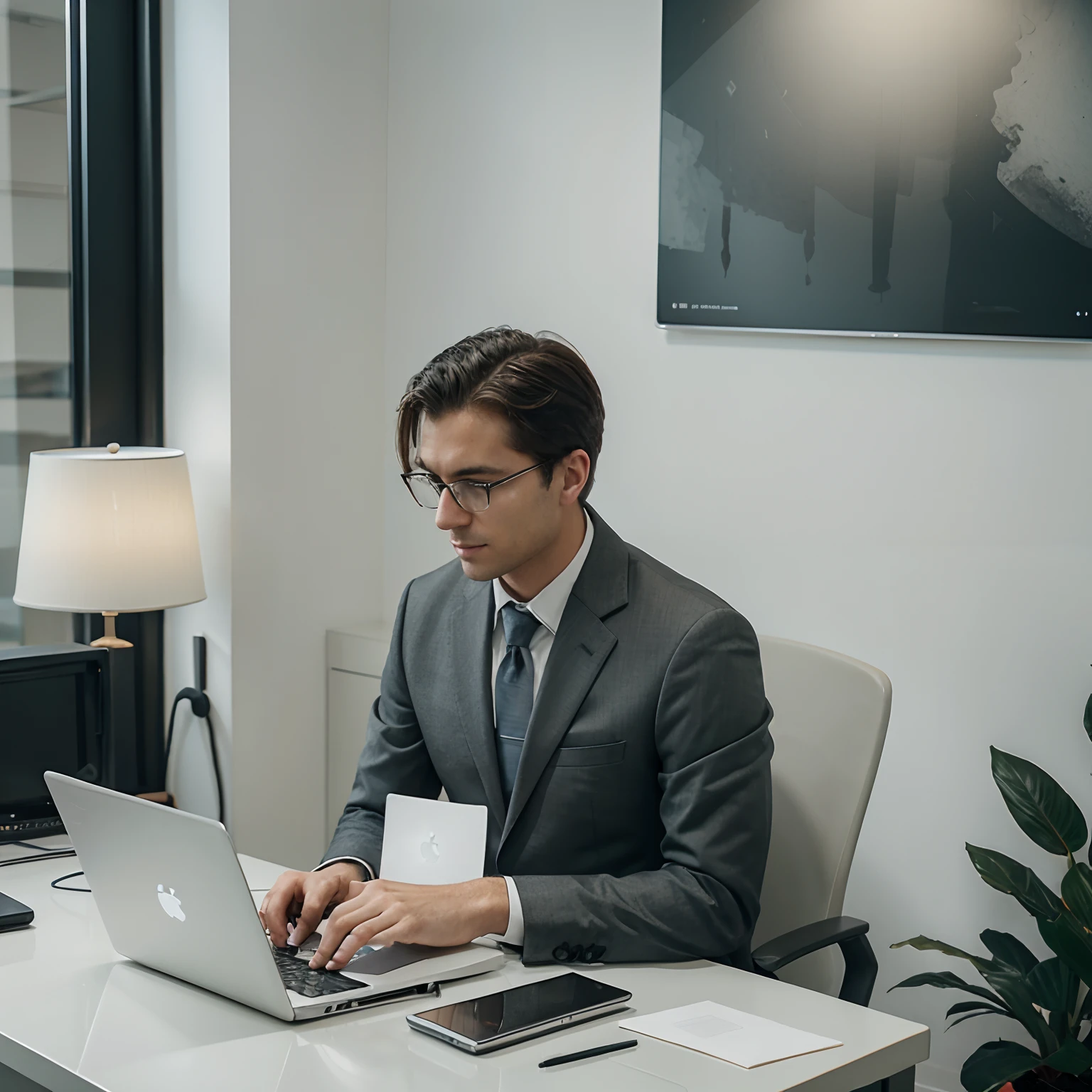 man dressed in a suit, working on his laptop, at work. minimalist light colors. hyperrealism