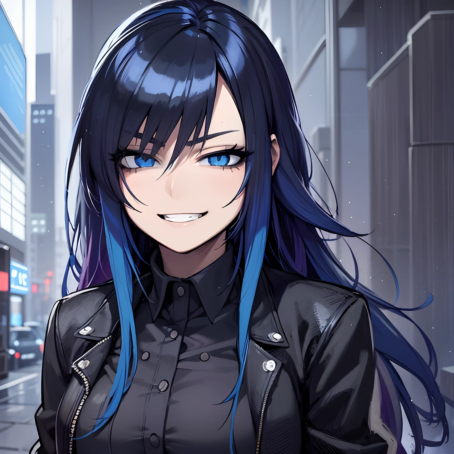 Menina anime com cabelo azul e jaqueta preta na chuva, arte de anime realista, Jet Black Haired Cyberpunk Menina, realistic anime art style, menina bonita do cabelo azul, Epic anime style, estilo anime 4K, em estilo anime, retrato estilo anime, em estilo anime, garota anime cyberpunk, menina com cabelo azul, 2 d estilo anime, estilo anime moderno
