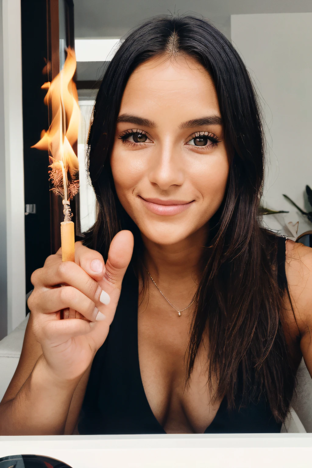 A 27-YEAR-OLD WOMAN WITH A LIT MATCH IN HER HANDS. olhando pra camera. EM UM DIA NO QUARTO DE CASA