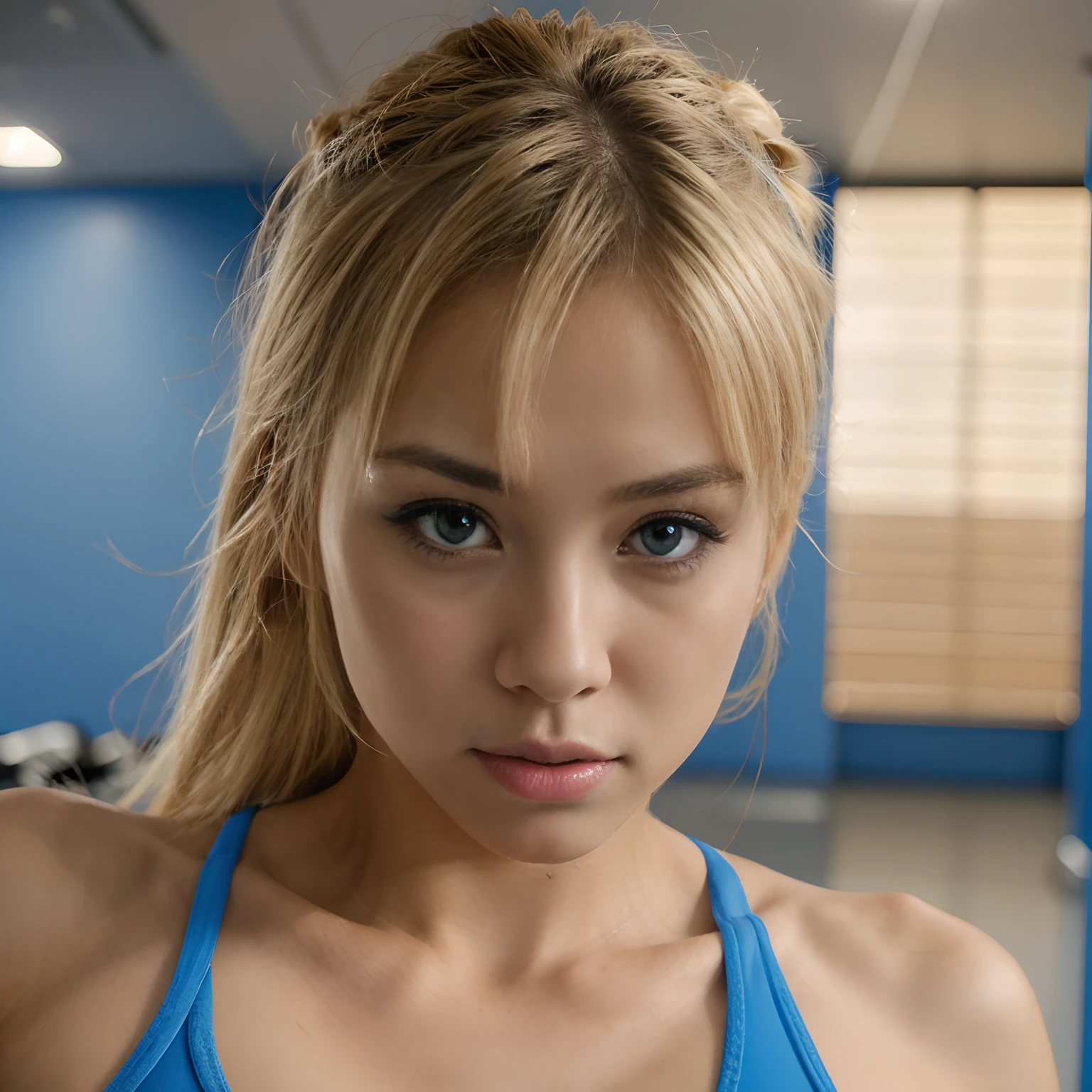 Mujer sexy, con rasgos japoneses, en el gym, con ojos grandes color azul, blonde hair, mordiendose los labios, Tomar una foto desnuda manoseandose.