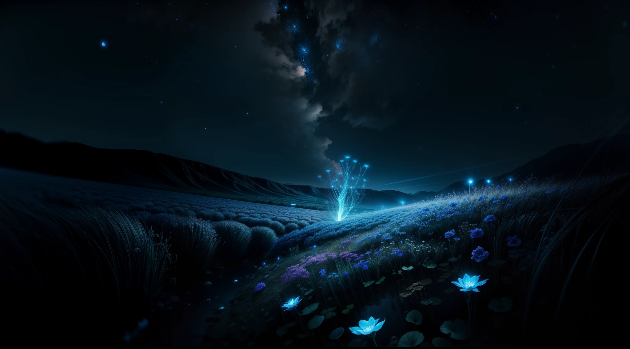 bioluminescence, blue flowers, night, sky, fireflies