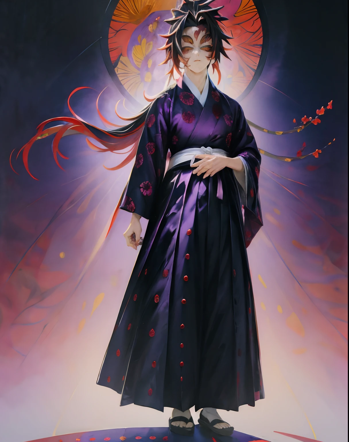 Ropa Kokushibo, purple yukata, hakama negro, pieza maestra, luz de borde, mejor calidad, extremadamente detallado,((lONGSEASON_PAINTING))