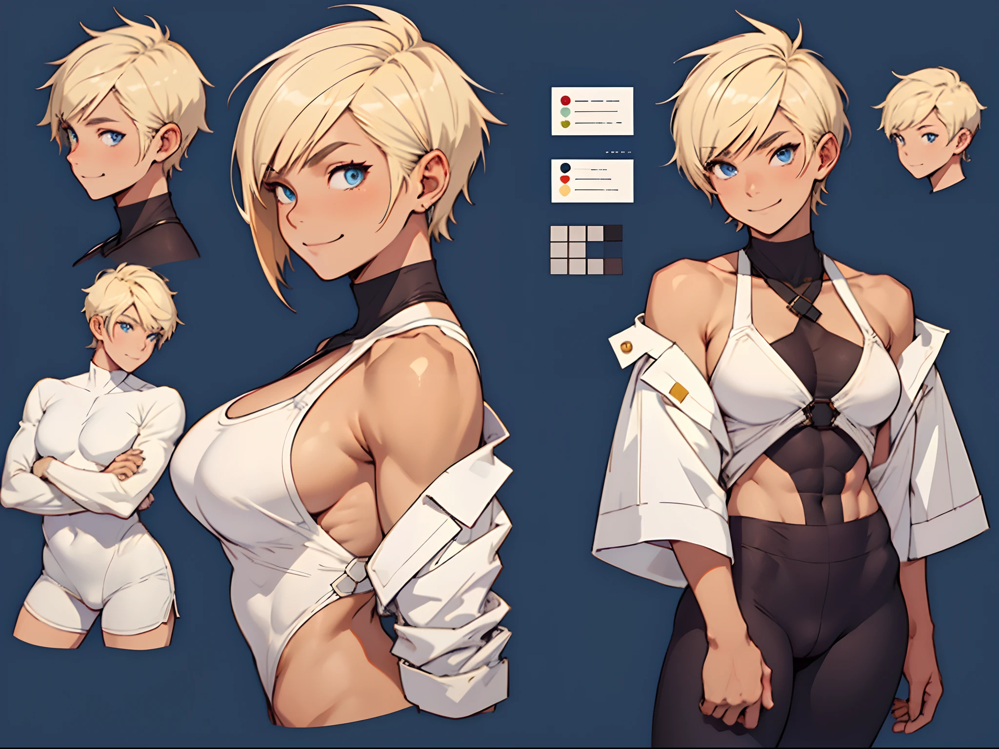 NSFW,masterpiece,top-quality,((character sheets,Same character,gauges,Lateral face,soles)),environment change scene,Pose too,Hairstyle Fax,Pose Jitai,Chartaran Betarola,(simple background、white backgrounid:1.3),illustratio,multi view, ((woman)), full body, sexy girl, nude, happy, smile, fit, sporty, Blonde hair,very short hair,pixie haircut, dark eyebrows, blue eyes,big smile, white skin, muscular, shoulders, toned, thick, thick thighs, medium breasts, cute, sexy, young woman, 20 years old