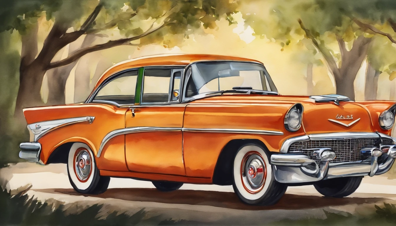 The back of a classic car is painted in watercolor, usado para os noivos em sua lua de mel, in a funny cartoon style, frequentemente usado em convites de casamento