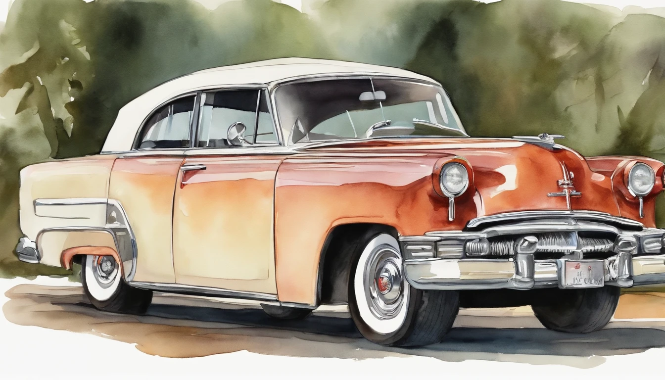 The back of a classic car is painted in watercolor, usado para os noivos em sua lua de mel, in a funny cartoon style, frequentemente usado em convites de casamento
