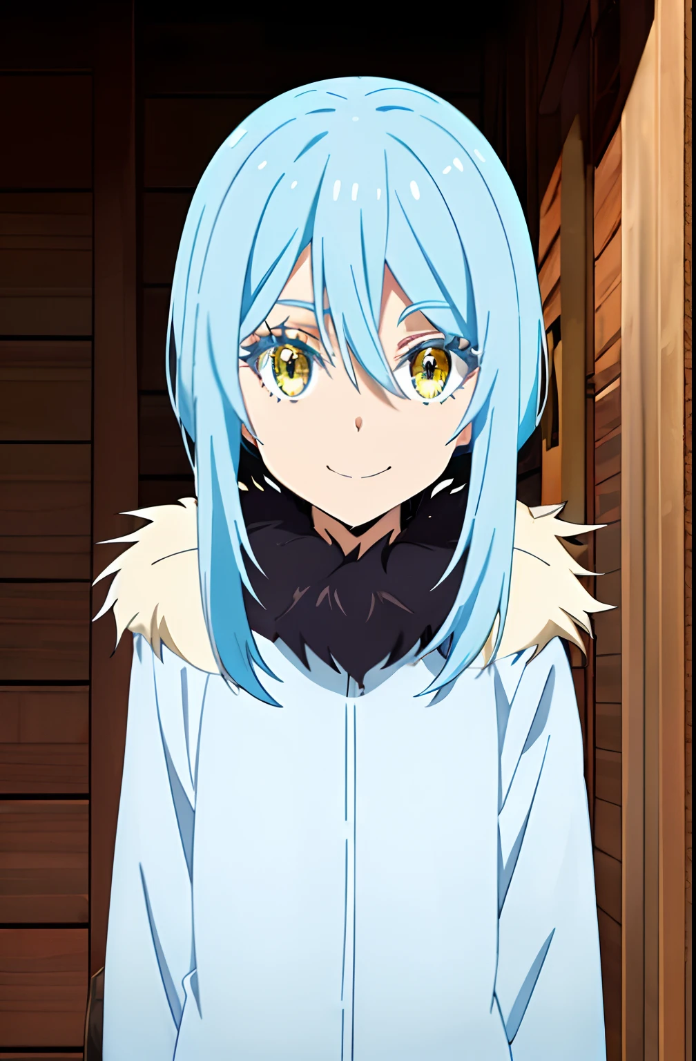 tensura, shirt, yellow eyes, blue hair, smile, long hair, 1other, hair between eyes, looking at viewer, bangs, solo, fur trim, closed mouth, androgynous, outdoors, colored eyelashes, shiny hair, ((masterpiece))