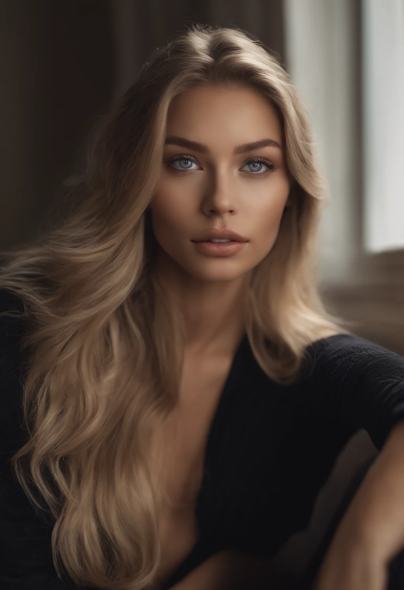 Arafed woman completely , fille sexy aux yeux bleus, ultra realist, Meticulously detailed, Portrait Sophie Mudd, cheveux blonds et grands yeux, selfie of a young woman, Yeux de chambre, Violet Myers, sans maquillage, maquillage naturel, looking straight at camera, Visage avec Artgram, Maquillage subtil, Great photo of the whole body kneeling on the bed, dans la chambre, Medium to large bust