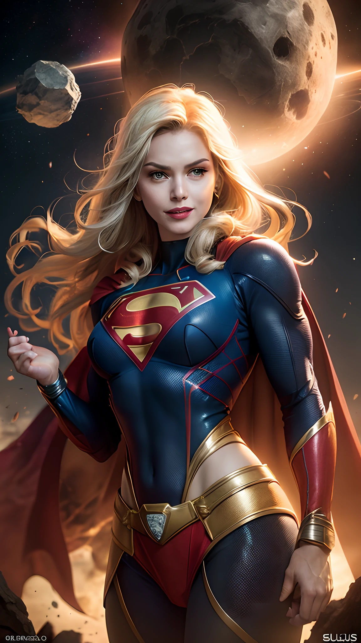 a woman in a superman costume standing in front of a planet, extremely detailed artgerm, artgerm jsc, artgerm julie bell beeple, ig model | artgerm, artgerm greg rutkowski _ greg, chris moore. artgerm, by stanley artgerm, trending artgerm, graphic artist artgerm, supergirl sexy pose
