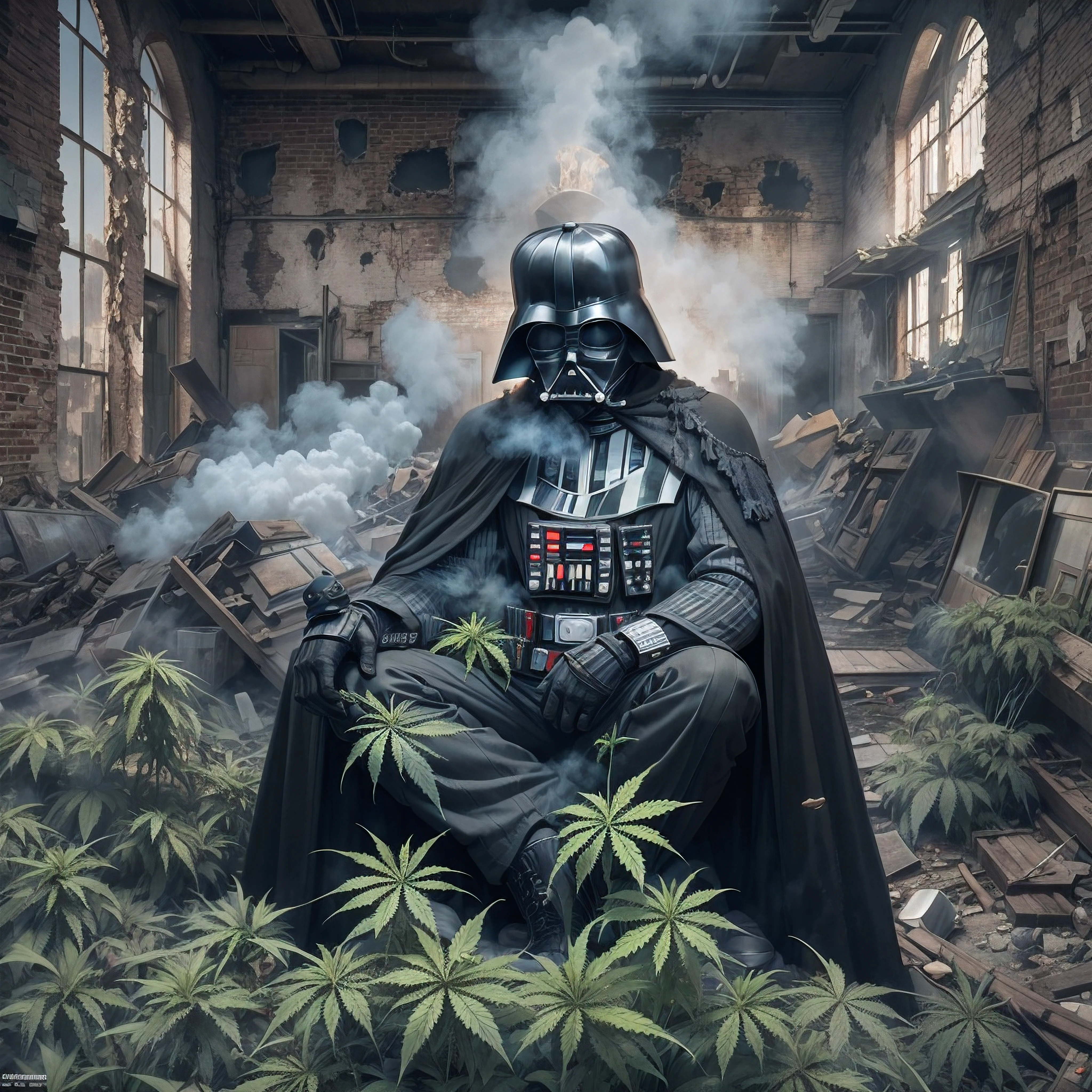 darth vader covered in marijuana wearing a BLACK flat cap hat is SMOKING MARIJUANA in the middle of the abandoned city