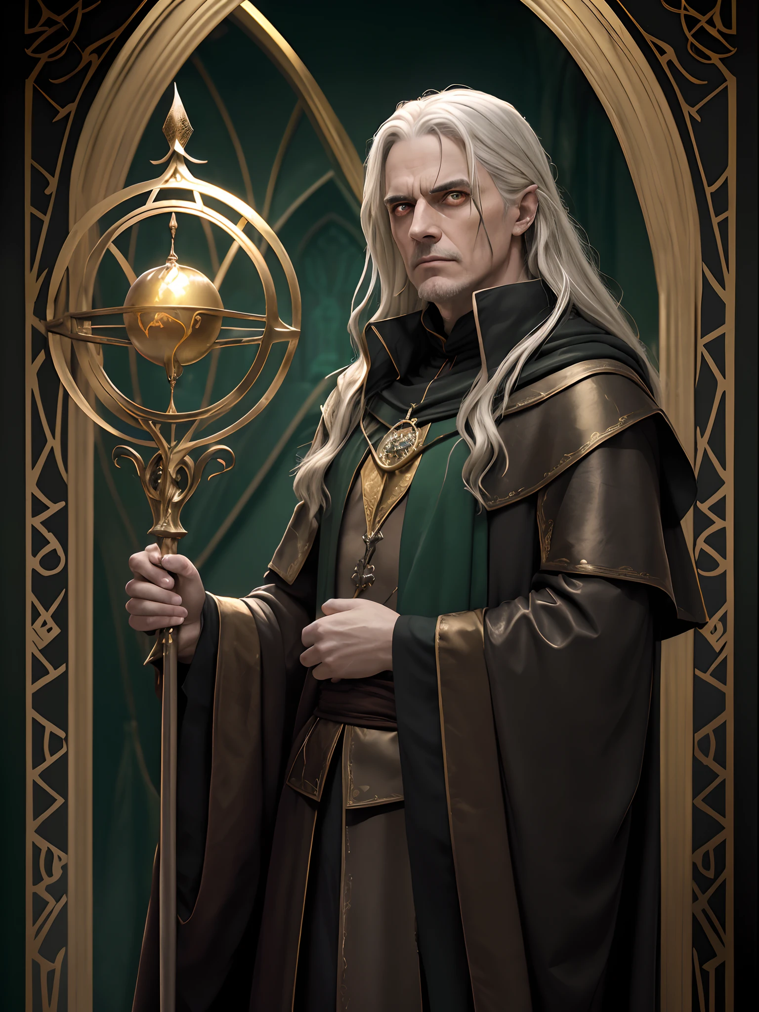 Raistlin Majere(couro dourado, Haggard, Painful appearance,, olhos dourados com pupilas em forma de ampulheta, olhar penetrante) No manto oficial da faculdade Sonserina:(Cores verde e prata), tendo como pano de fundo Hogwarts, corpo inteiro fotografado