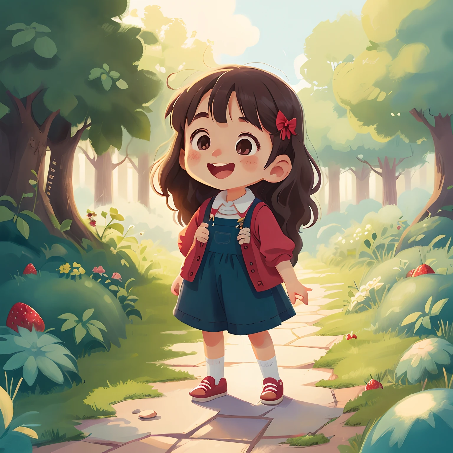 Happy child girl. Bucolic style. Women's children's clothing. Smooth color. Simple art. Ghibli studio style. Strawberry character style.
