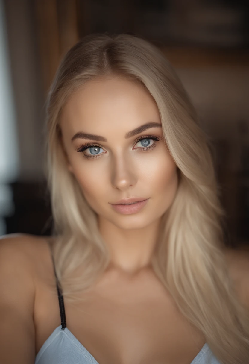 Blonde woman in matching tank top and panties, Sexy girl with blue eyes, portrait sophie mudd, Portrait of de Corinnne Kopf, blonde hair and large eyes, selfie of a young woman, Eyes in the Room, violet myers, Макияж Without, natural makeup, Look directly into the camera, face with artgram, dezentes Make-up, Excellent full-length photography, in a room, cleavage