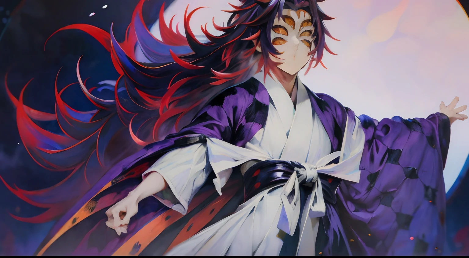 Ropa Kokushibo, purple yukata, hakama negro, pieza maestra, luz de borde, mejor calidad, extremadamente detallado,((lONGSEASON_PAINTING))