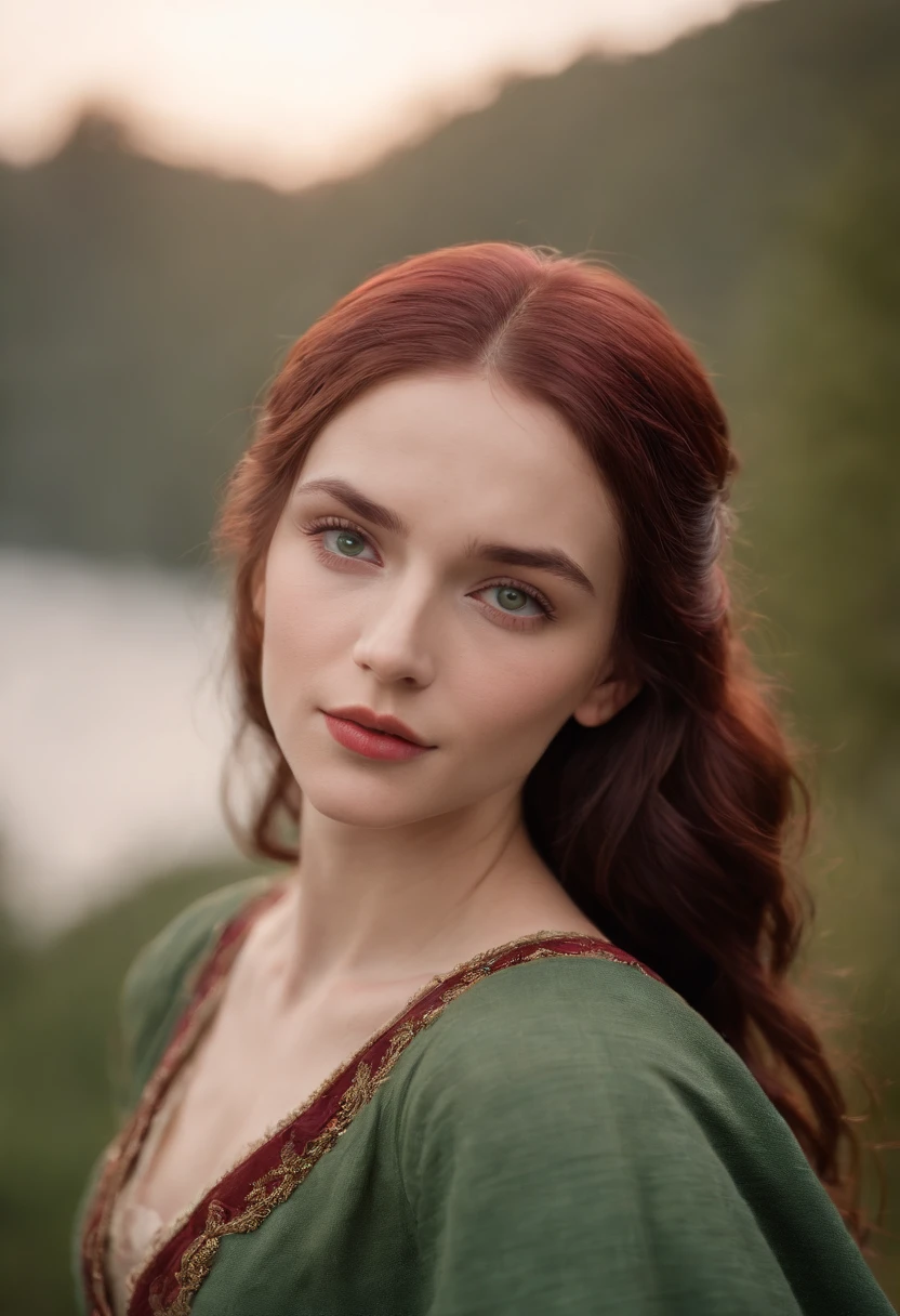 (((A deep reddish scar runs across her left cheek))) light skinned, Women around 19 years old, Natural gray hair, Distinctive green eyes, Wearing Cole, slender and graceful,, Beautiful, Candlelight in medieval atmosphere, Ultra Sharp Focus, realistic shot, Women's clothing in the Middle Ages, Tetradic color (Scar:1.4)