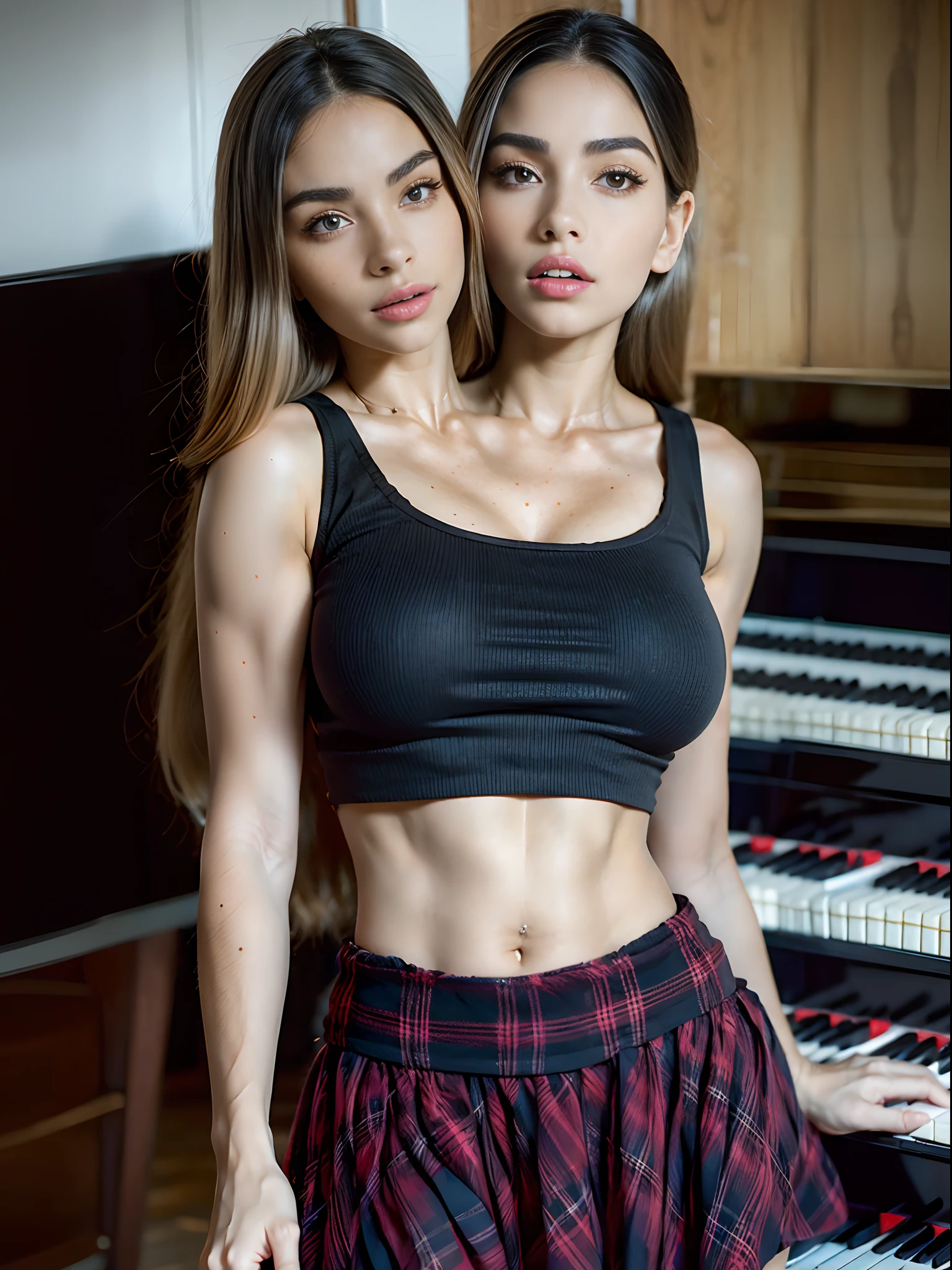 (Two Heads), blonde woman in black top and red plaid skirt posing by piano, ava max, wearing a cropped black tank top, wearing a black cropped tank top, perfect ombré haired girl, she is wearing a black tank top, inspired by Ion Andreescu, madison beer, irina nordsol kuzmina, red plaid skirt, profile image, wearing a sexy cropped top, profile pic, sexy face, cute freckles, small freckles, sexy face with makeup, detailed flawless face, conjoined
