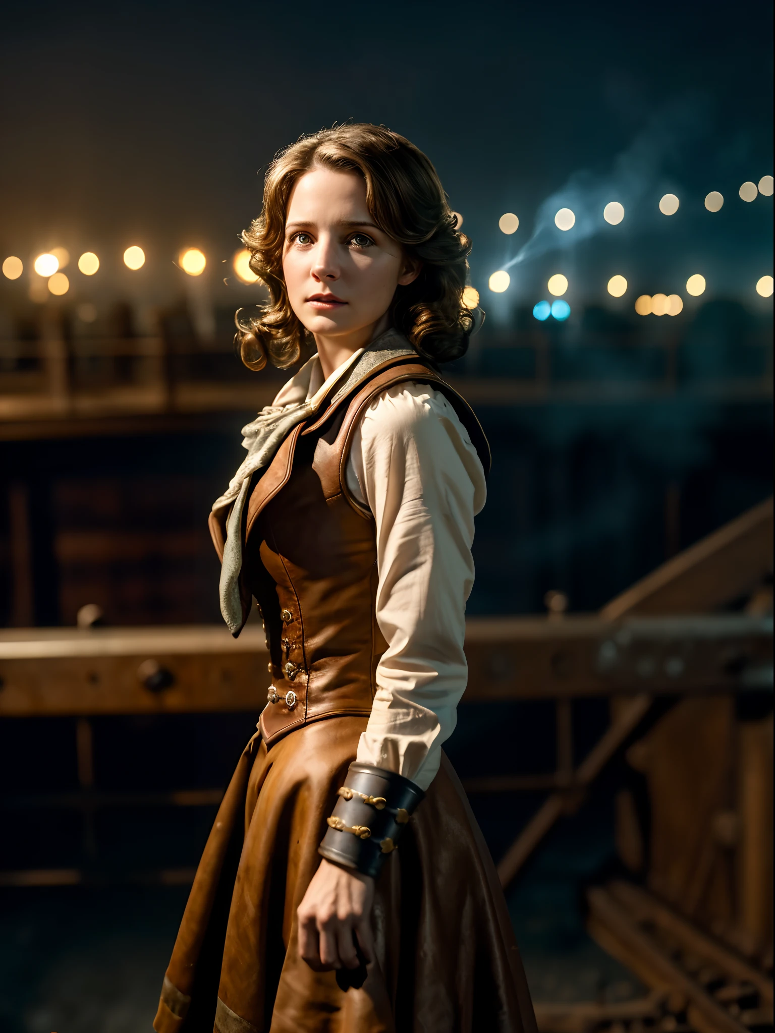 Masterpiece, Realistic, Photorealistic, Ultra Detailed, 8K, RAW photo, Depth of field, Realistic light, cinematic composition, skyscape with clouds,  nightfall, Depth of field, 35 mm, Soft steampunk aesthetic, Kate Walker, full-length portrait,  Short Windblown Skirt, Smudge contour, like a "Syberia" series of games, Cute sexy, pleasure, Depth of field, (focus: 1.2), Dark atmosphere, Cinematic lighting, Detailed face and skin texture, short brown Hair, Action movie Style, Faded colors,  Steam locomotive on the background