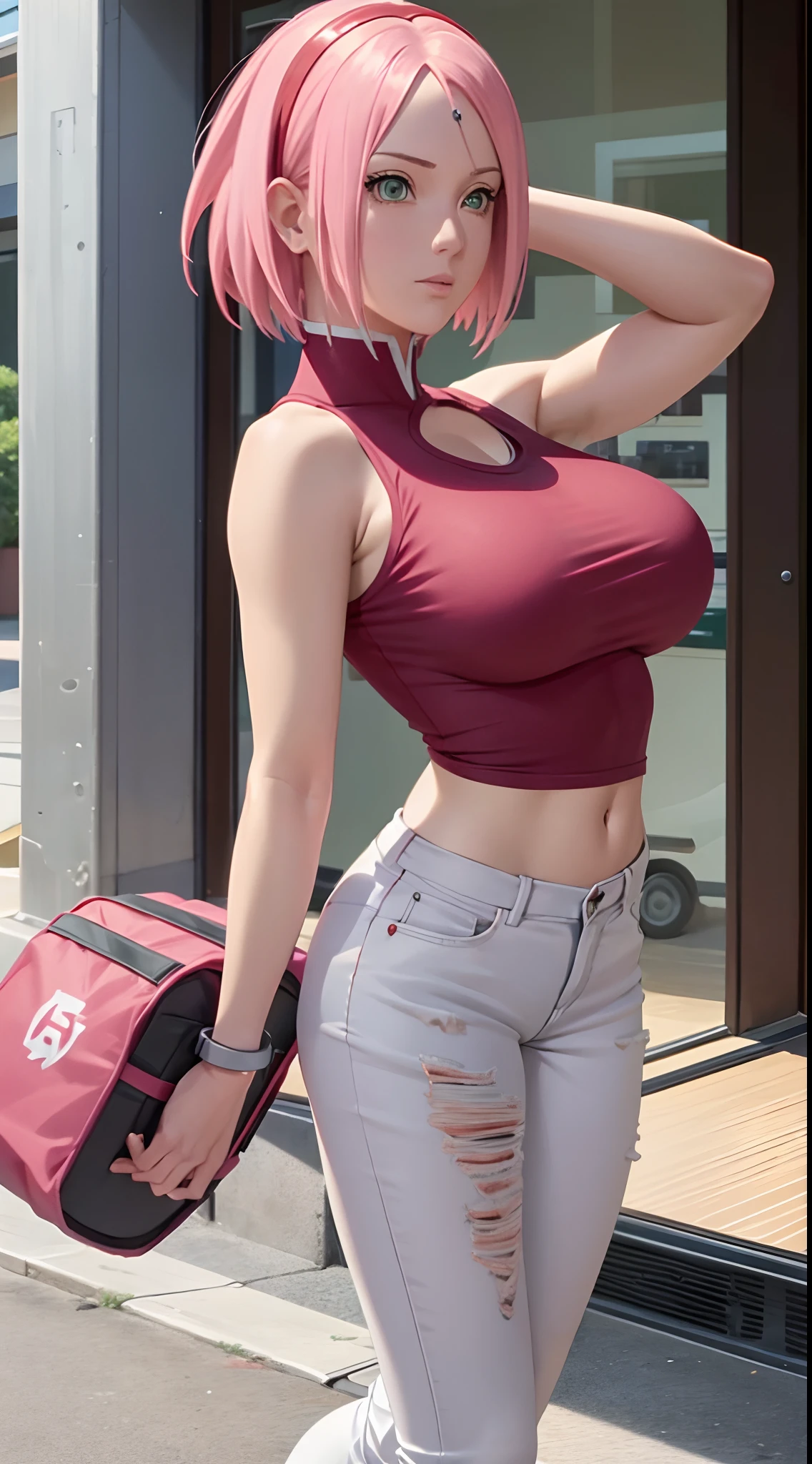 1 girl, bob hair, pink hair, sakura haruno, naruto character , red clothes, red tank top, no sleeves, big boobs, big tits, big breast, short white strict jeans