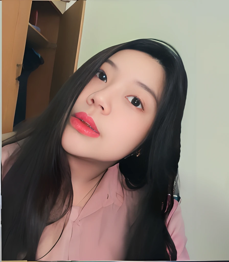 (8k, hd, masterpiece, extreme details, image fix, thick lips),there is a woman with long hair making a funny face, 23 years old, cute, ((wearing pink shirts)), cotton shirts, dark hair, wavy hairs, (closed mouth)