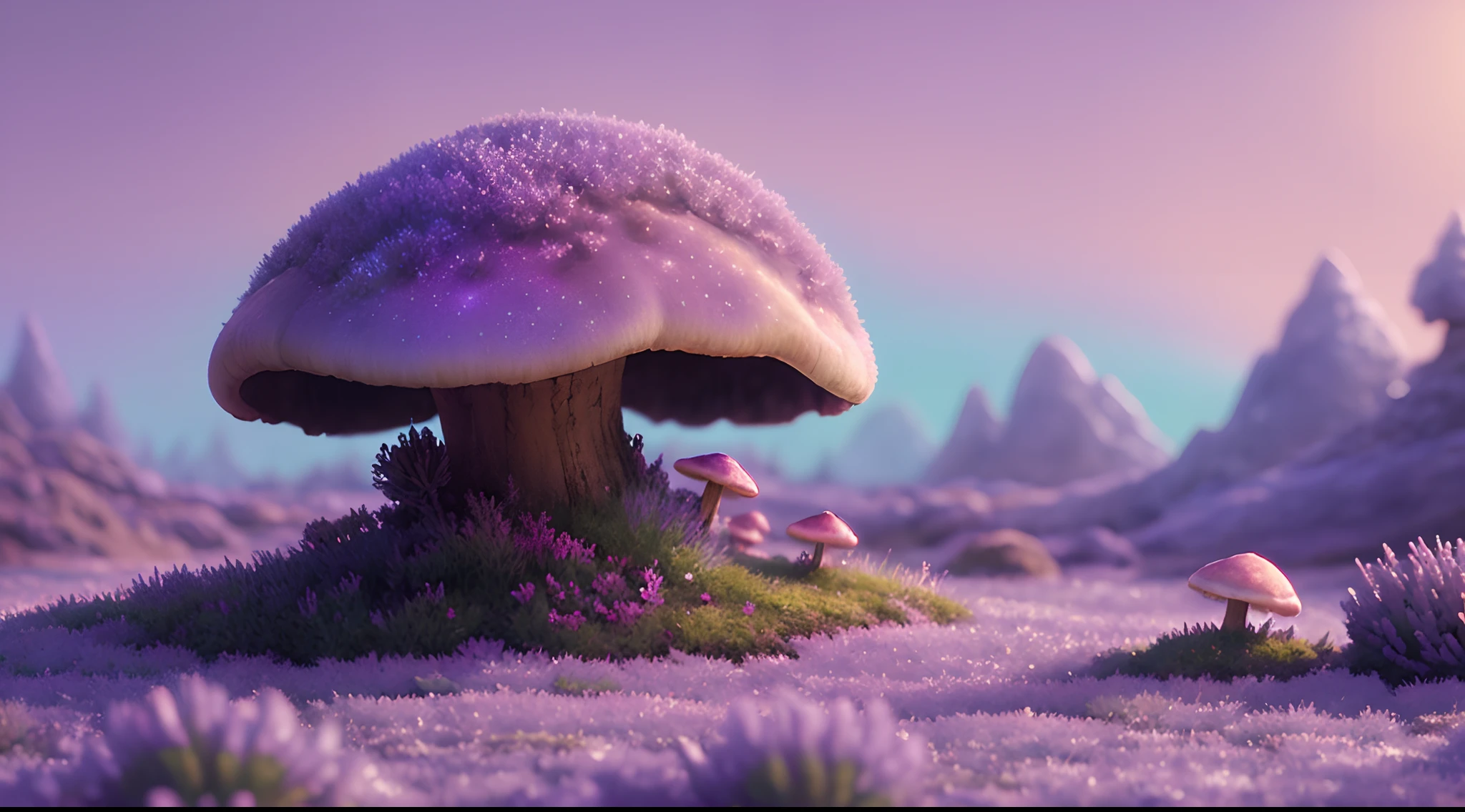 Oil painting of a cosy vintage tiny cute fungi, on a icy planet, in a. lavender haze, octane render by weta digital, exotic colorful pastel, ray traced lighting and reflections by Yoji shinkawa