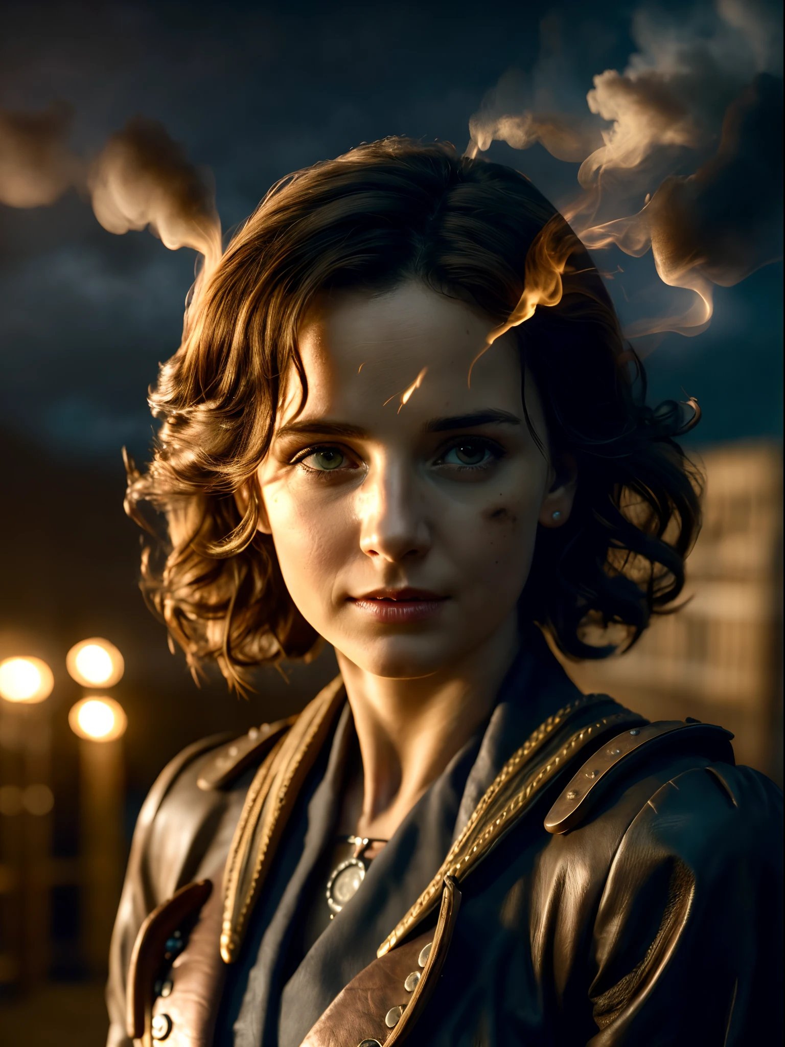 Masterpiece, Realistic, Photorealistic, Ultra Detailed, 8K, RAW photo, Depth of field, Realistic light, cinematic composition, skyscape with clouds, nightfall, Depth of field, 35 mm, Soft steampunk aesthetic, Kate Walker, full-length portrait, Short Windblown Skirt, Smudge contour, like a "Syberia" series of games, Cute sexy, pleasure, Depth of field, (focus: 1.2), Dark atmosphere, Cinematic lighting, Detailed face and skin texture, short brown Hair, Action movie Style, Faded colors, Steam locomotive on the background