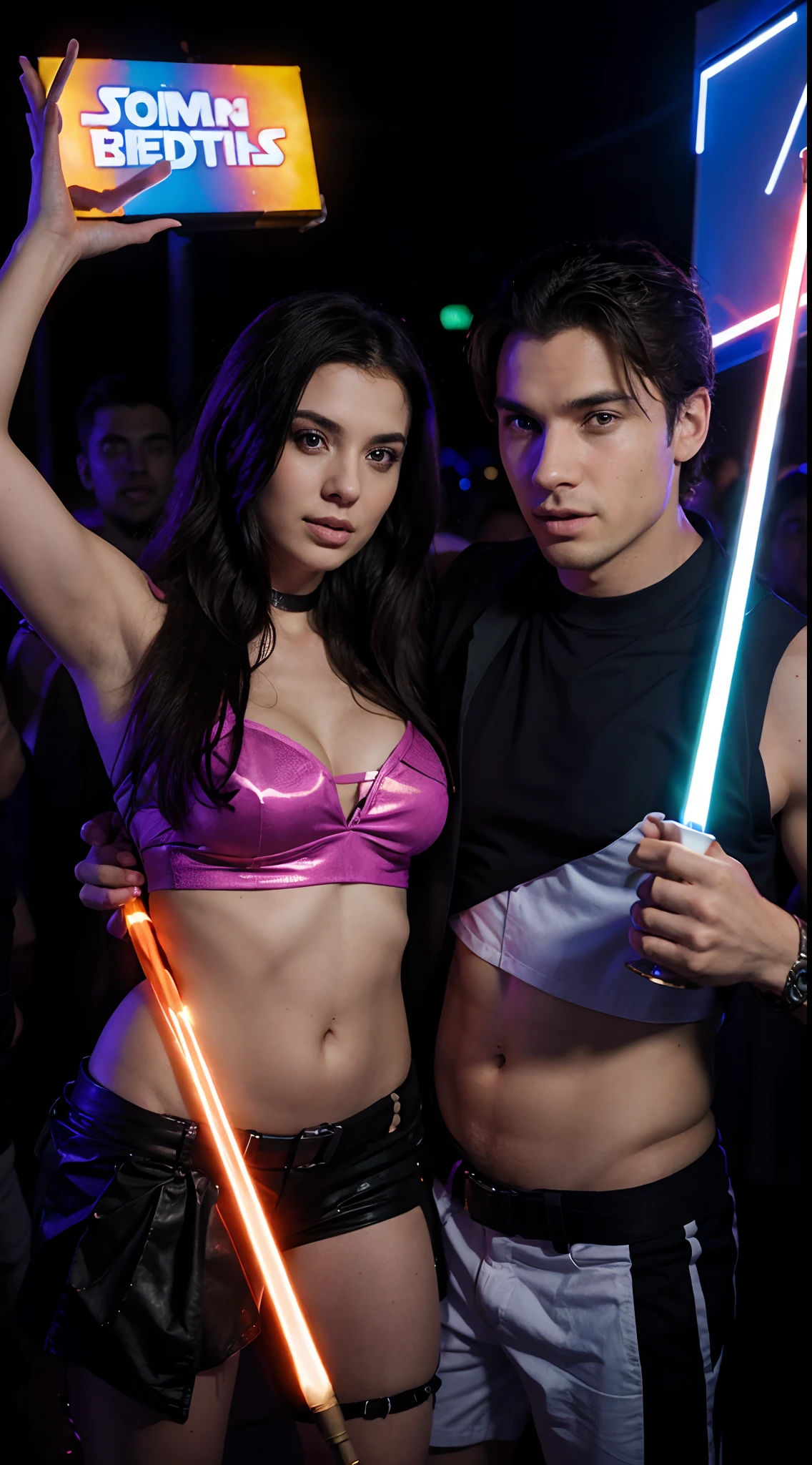Attractive couple holding up a large sign at a rave party with a Jedi battle