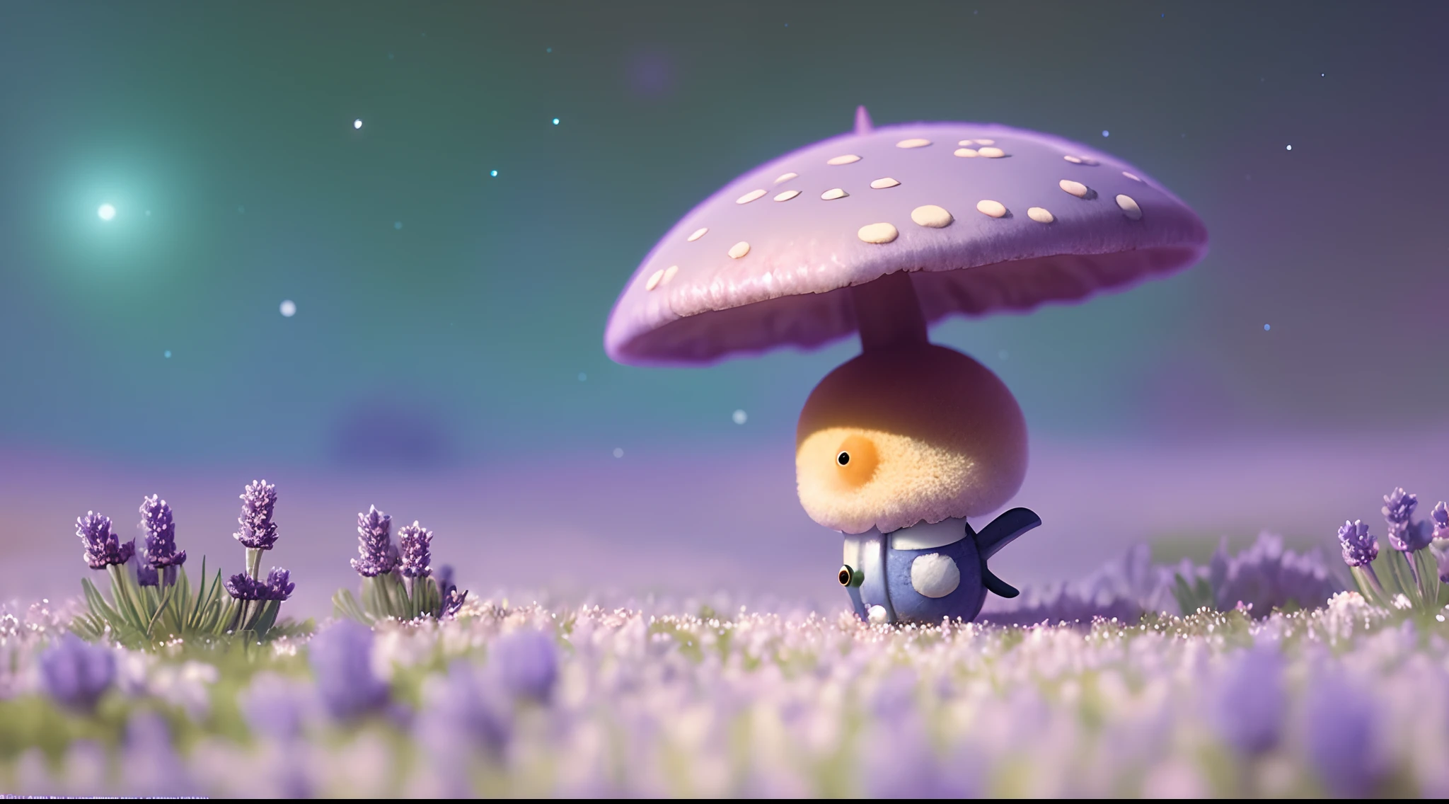 Oil painting of a cosy vintage tiny cute fungi, on a icy planet, in a. lavender haze, octane render by weta digital, exotic colorful pastel, ray traced lighting and reflections by Yoji shinkawa