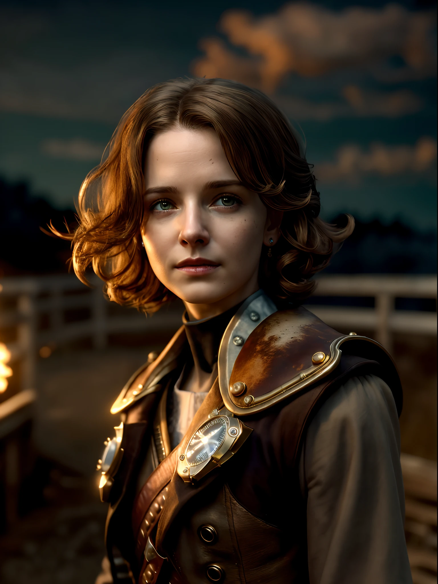 Masterpiece, Realistic, Photorealistic, Ultra Detailed, 8K, RAW photo, Depth of field, Realistic light, cinematic composition, skyscape with clouds,  nightfall, Depth of field, 35 mm, Soft steampunk aesthetic, Kate Walker, full-length portrait,  Short Windblown Skirt, Smudge contour, like a "Syberia" series of games, Cute sexy, pleasure, Depth of field, (focus: 1.2), Dark atmosphere, Cinematic lighting, Detailed face and skin texture, short brown Hair, Action movie Style, Faded colors,  Steam locomotive on the background