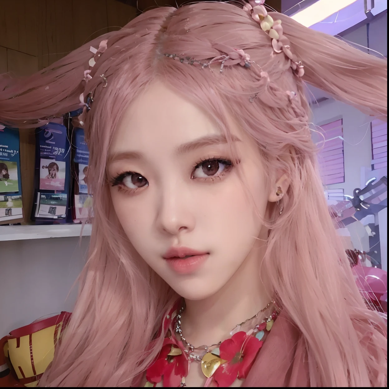 Un primer plano de una persona con el pelo rosa y un collar, Parque Roseanne de Blackpink, Retrato de Jossi de Blackpink, Jossi de Blackpink, cabello liso rosa, Jisoo de Blackpink, peinado de coletas, con cabello rosado, Jisoo de Blackpink, Lalisa Manoban de Blackpink, Peinado kawaii, Cabello rosa tenue, maquillaje popular de Corea del Sur