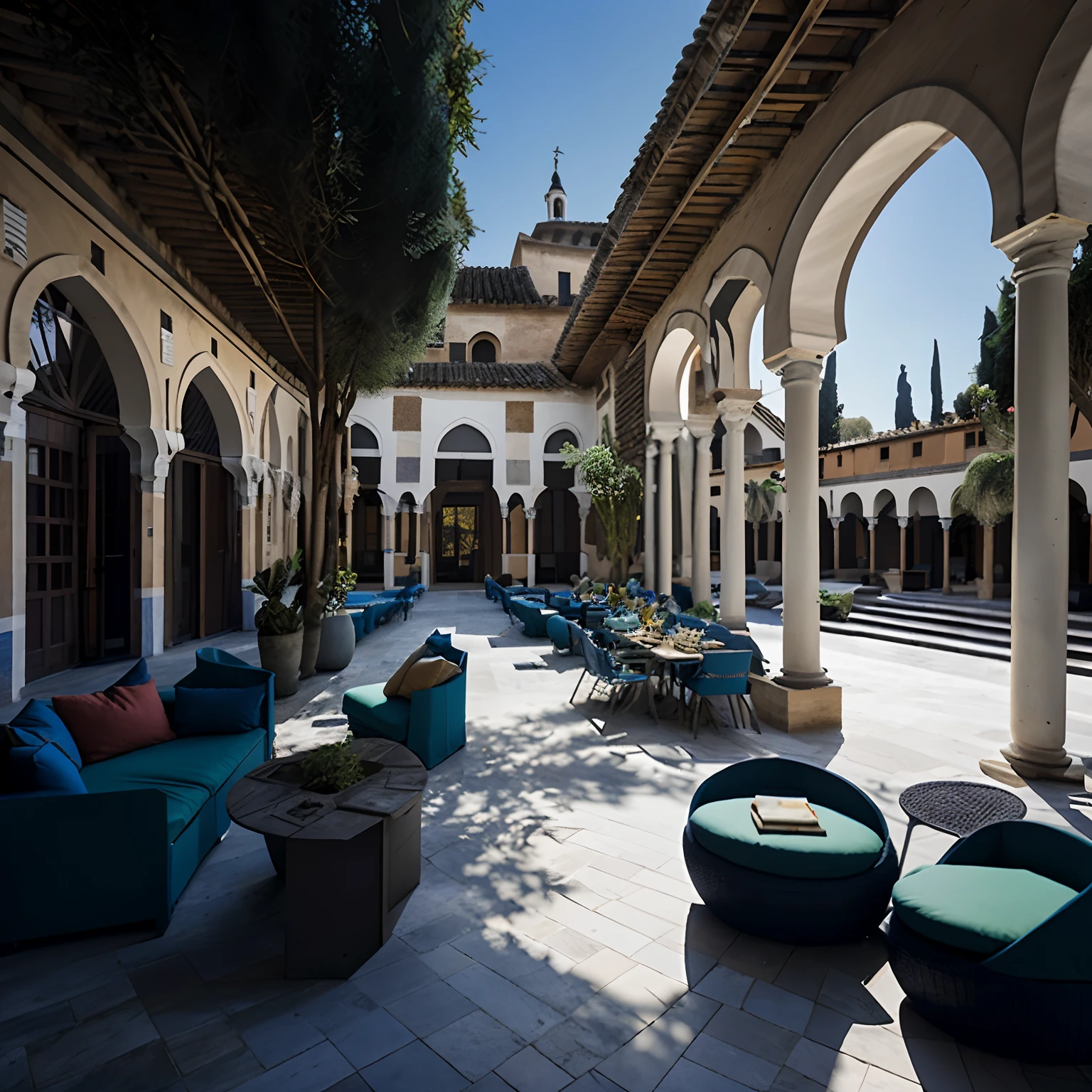 There are many chairs and tables in the courtyard of the building, Wide open courtyard in the epic, courtyard, based on Luis Paret y Alcázar, PATIO, Riad Beiruti, Luis Paret y Alcázar, Снято на Sony A 7 III, Alfredo Volpi, Dietmar Damerau