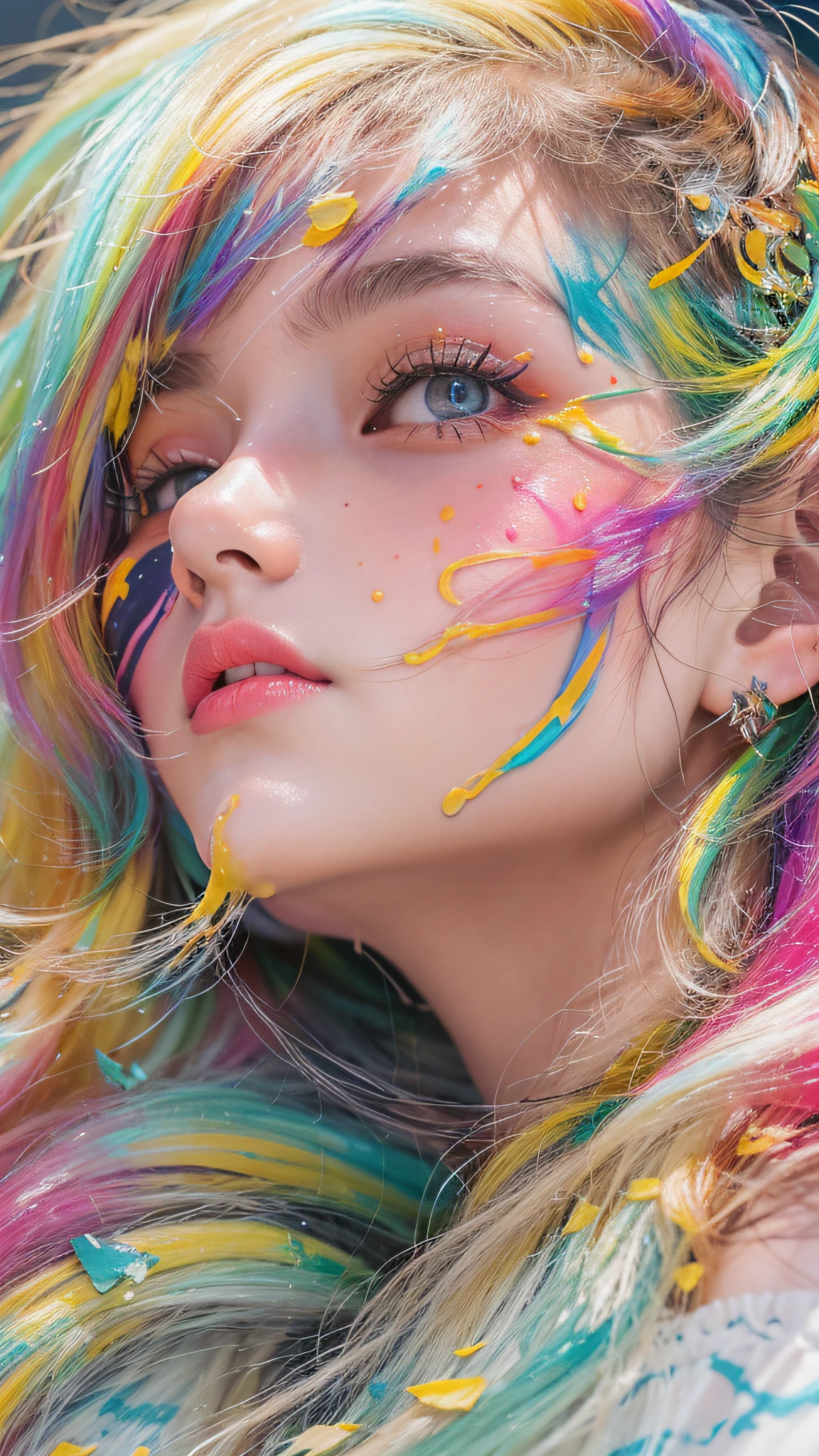 (Pink fashion T-shirt:1.9),(Colorful hair:1.8),(Rainbow all colors:1.8),((((Vertical painting:1.6))),(painting of a:1.6),frontage,comic strip,illustration,painting of a,largeeyes,crystal-clear,(rainbow color gradient high ponytail:1.7),Delicatemakeup,Keep one's mouth shut,(Small Fresh:1.5),(Bandeau:1.6),long eyelasher,White shoulder T- shirt, White Shoulder Shirt,looking at viewert,watery big eyes,(rainbow colour hair:1.6), color splash, (solo:1.8), color splash, color explosion, colour splash, color explosion, Thick lacquer style,Messy lines,((shining)) ,(colorful), (colorful), (colorful), colorful, Thick Paint Style, (Splash) (Color Splash), Vertical Painting, Upper Body, Paint Splash, Acrylic Pigment, Gradient, Paint, Highest Image Quality, Highest image quality, Masterpiece, Solo, Depth of Field, Face Paint, colorful clothes, (ellegance: 1.2), opulent, long whitr hair, ventania, (ellegance: 1.3), (petals: 1.4),(((masterpiece))),(((Best quality at best))),((ultra - detailed)),(illustratio),(dynamic angle),((floatking)),(Paintwork),((Loose hair)),(solo),(1girl) , (( (Detailed anima face))),((Beautiful detailed face)),collars,exposed bare shoulders,whaite hair,((The color hair)),((Striped hair)),Beautiful detailed eyes,No cleavage,(Gradient color eyes),(( (Colored eyes))),(((coloured background))),(((high saturated))),(((Surrounded by colorful splashes))),