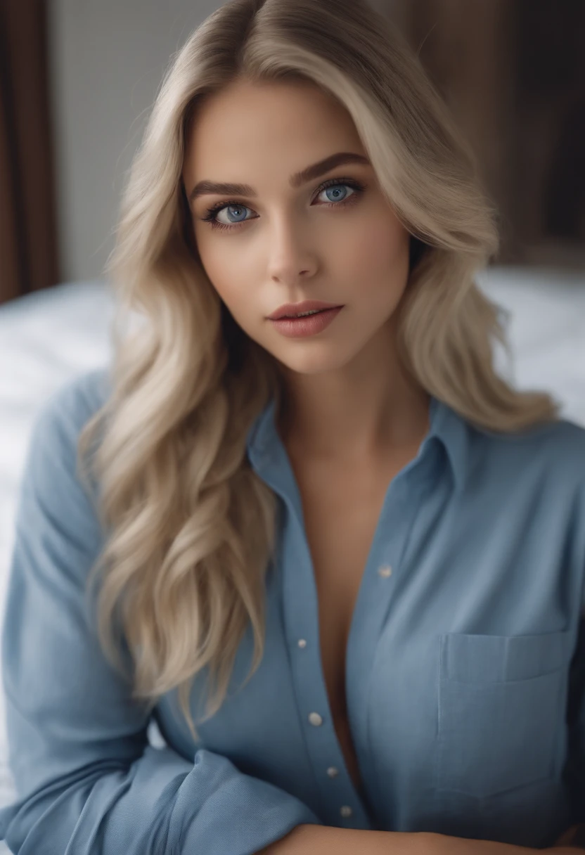 Arafed woman in full , Sexy girl with blue eyes, ultra realistis, Meticulous detail, portrait sophie mudd, blonde hair and large eyes, selfie of a young woman, bedroom eyes, violet myers, no makeup, natural makeup, looking straight at camera, face with artgram, fine makeup, Stunning full-length shot, kneeling on the bed, in bedroom, Medium to large size bust