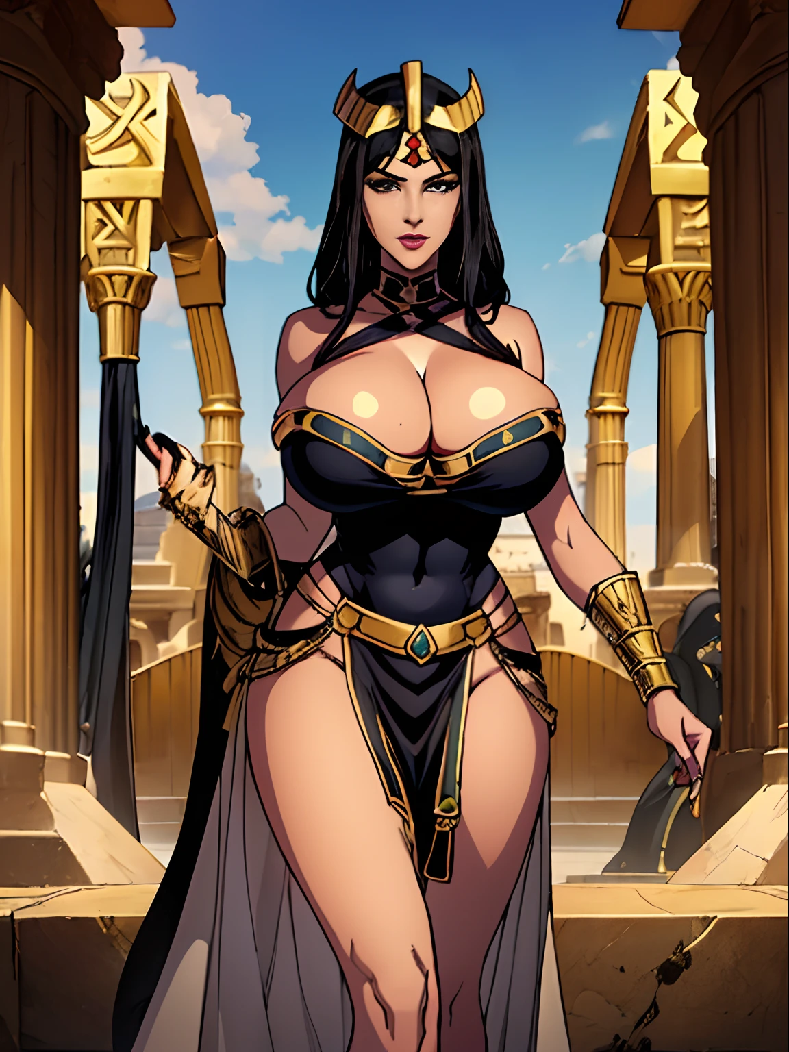 (masterpiece, top quality, best quality, official art, beautiful and aesthetic:1.2), (1girl:1.3), (((((statue of a goddess with a cobra head, black skin, obsidian skin))))), extremely detailed, portrait, looking at viewer, solo, (full body:0.6), detailed background, close up, mischievous eyes, (hot summer Egypt theme:1.1), Egyptian goddess, gold Egyptian mask, gold facemask, (very long neck), pharaoh crown, ????? mask, Persian nose, bold nose, long nose, arched nose, downturned nose, large nose, black stone skin, onyx, charlatan, smirk, mysterious, walking in desert, revealing white and gold Egyptian silks, ((cobra head)), white short skirts, ((draped halter top), criss cross halter top, criss-cross halter top, criss cross straps, criss-cross straps), jewelry, white fabric, gold jewelry, precious stones, dual sickle swords, ((((????????????????, cleavage, ?????????????)))), slim waist, slim ????, long legs, ancient (Egyptian temple exterior:1.1) background, dark mysterious lighting, shadows, magical atmosphere, dutch angle,