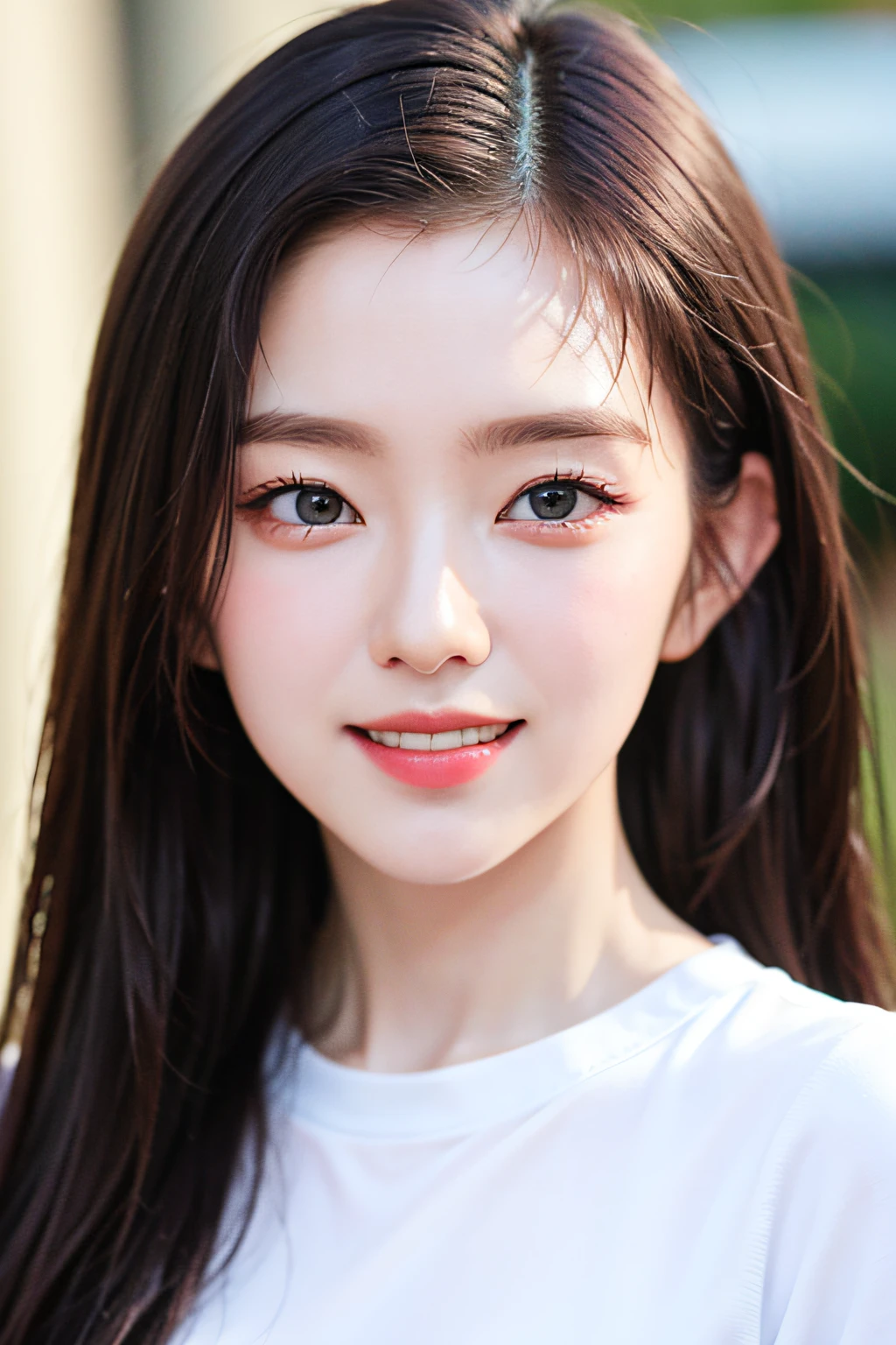 extremely detailed eyes, extremely detailed face, best quality ,masterpiece, extremely detailed, ultra-detailed, (realistic, photo-realistic:1.3), smile, (facing front), looking at viewer, white shirt, sunny day, outdoor, 1girl upperbody