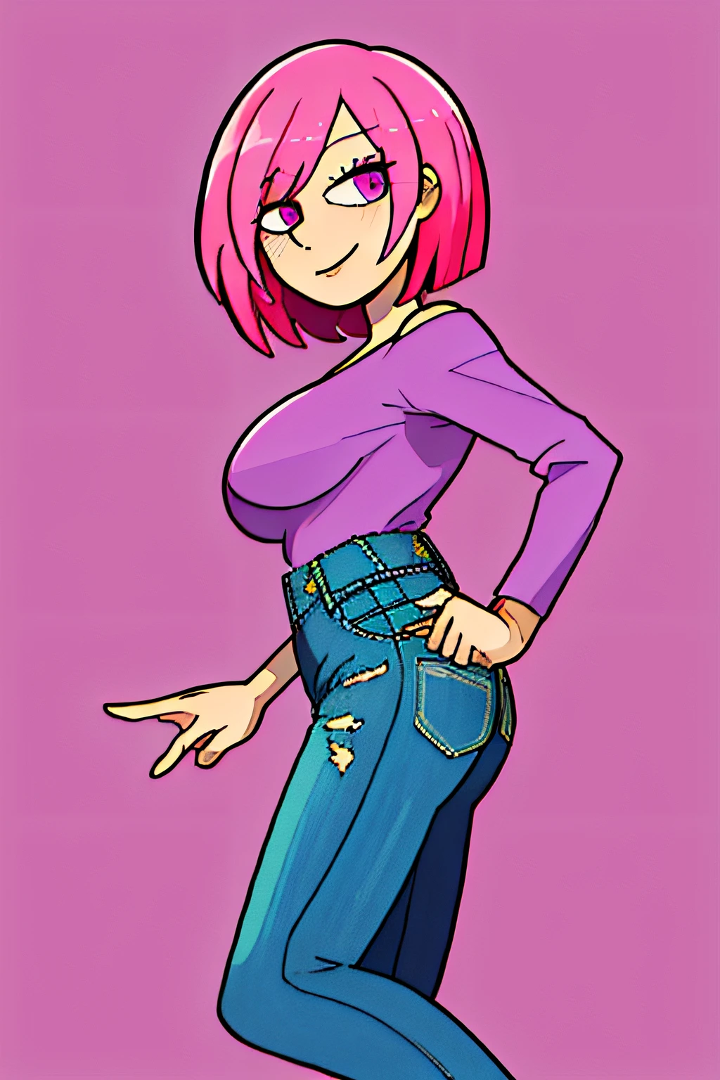 (masterpiece), (best_quality), (ultra-detailed), (illustration), (welcoming), depth of field, 1girl, full body, pink hair with blue highlights, purple lipstick, long eyelashes, , multicolor eyes, beautiful costume design (from side:1.5), medium breasts, sexy slim toned perfect hourglass figure,, (denim shorts:1.2), , official art, vivid color, finely detailed, hyper detailed, 8k, high resolution illustration, absurdres, intricate detail, (happy, (smile:0.4), (blush:1.3):0.8), Anime, masterpiece, 16k, award winning, best quality, high details, UHD, masterpiece, anatomically correct