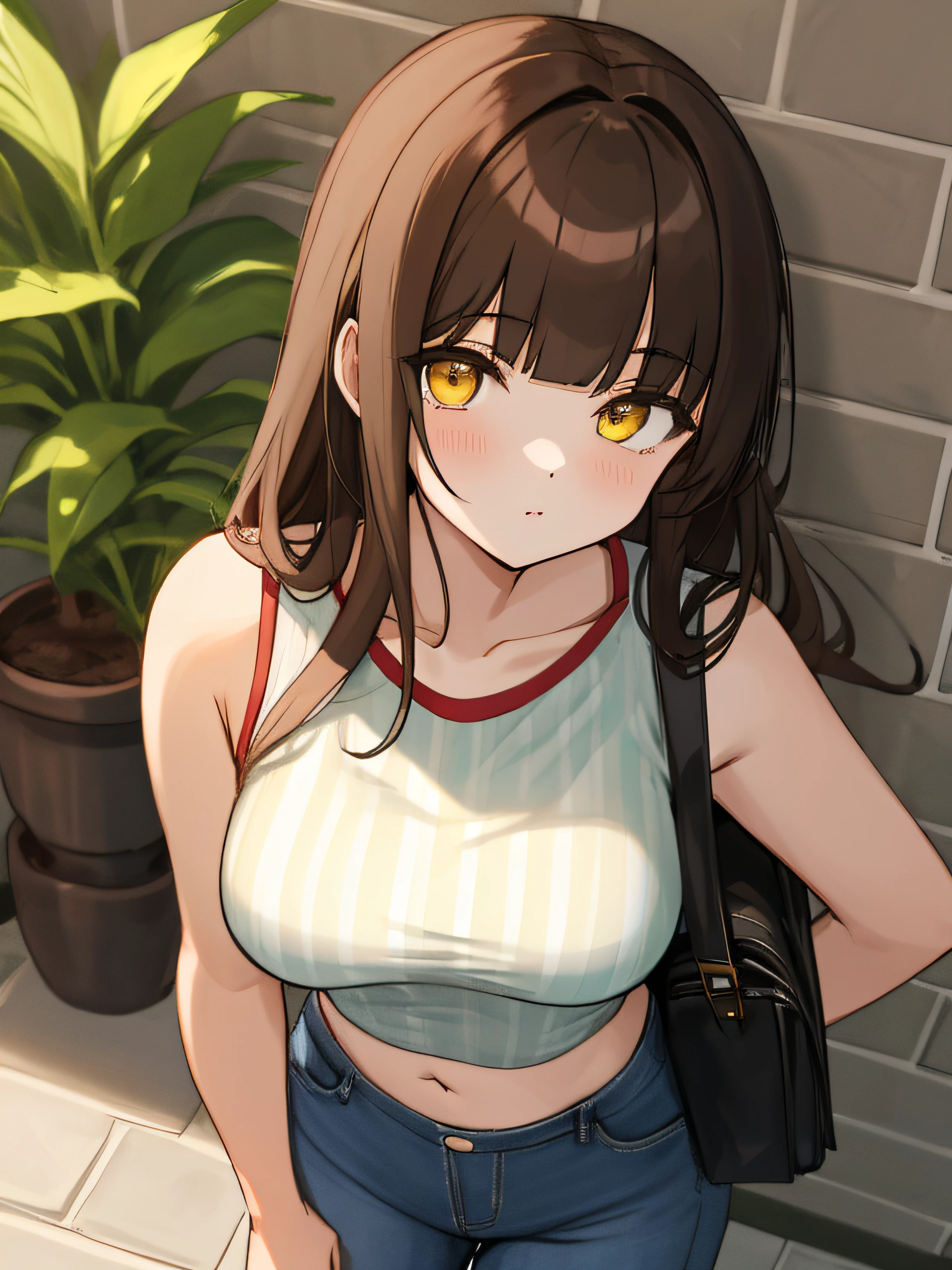 (masterpiece, best quality), stoic, looking at phone, beautiful face, upper body, close up, brown eyes, swept bangs, brown hair, very long hair, ribbed pink tank top, jean shorts, small breasts, sitting with legs crossed, hand on face, from below, bench, willow tree, shade, 
