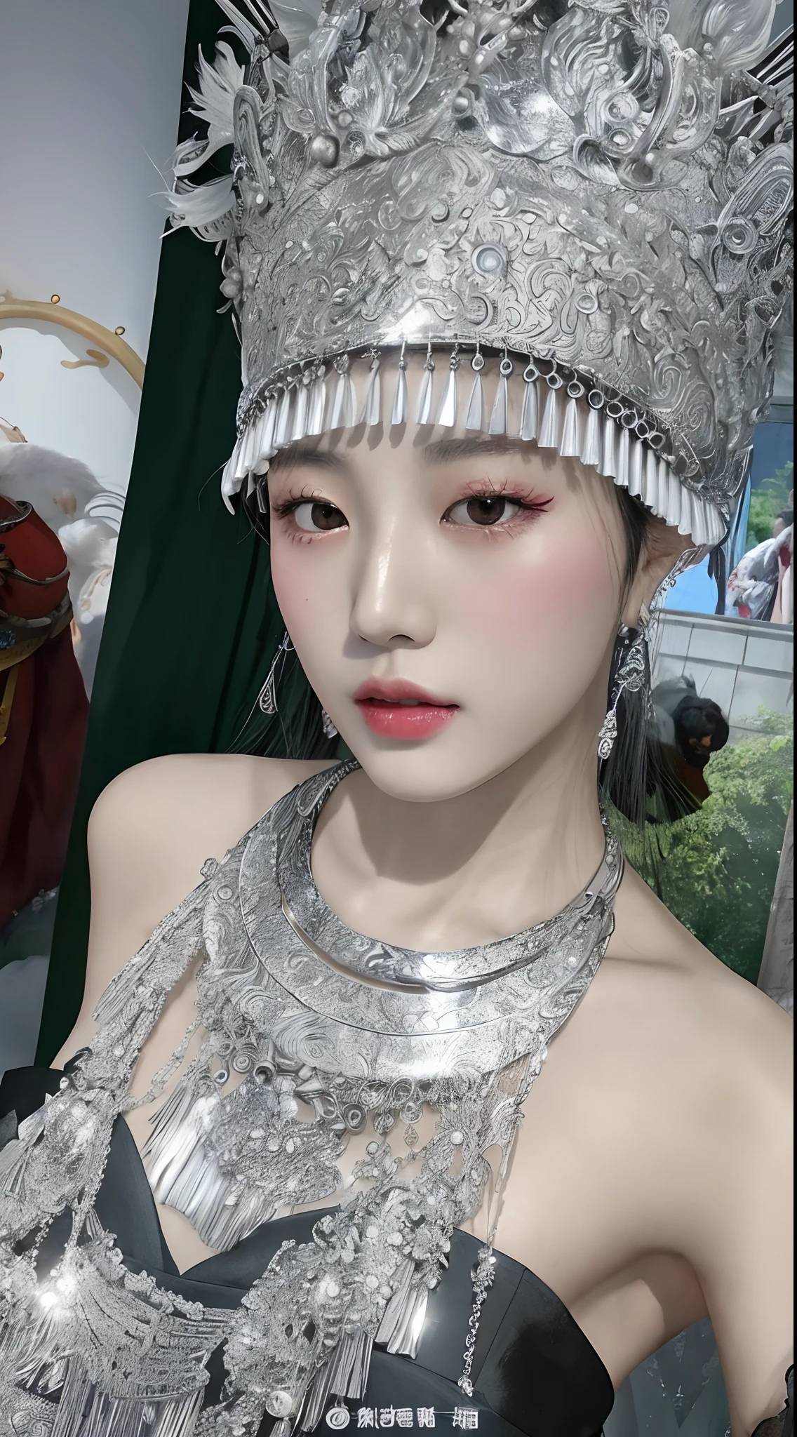 Araki woman wearing a silver headdress and silver necklace, inspired by Jin Nong, queen of the sea mu yanling, gorgeous chinese models, chinese empress, shot on nikon z9, Inspired by Huang Ji, lalisa manobal, yanjun cheng, on a mannequin. High quality, Shot on Canon EOS R 6, Cai Xukun