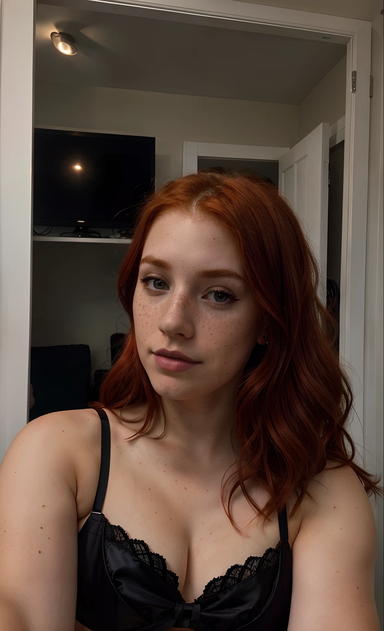 Hyper realistic 23 year old redhead girl of irish origin with freckles stylish selfie for Instagram dress Snapchat Influencer Full Photo Nude Salon