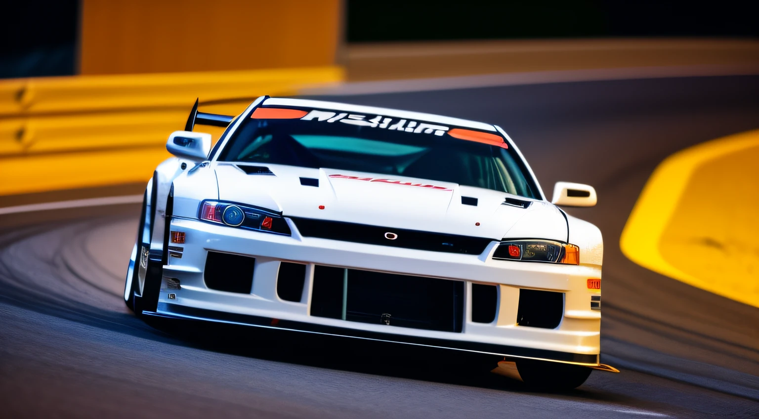 illustration of a wall painting a Silvia S15 model car in motion drifting on a sharp curve in the road, the Silvia S15 car is metallic white in color, with neon headlights, on a curve of a road at night the moonlight illuminates the car leaving it bright, 8k photography style.