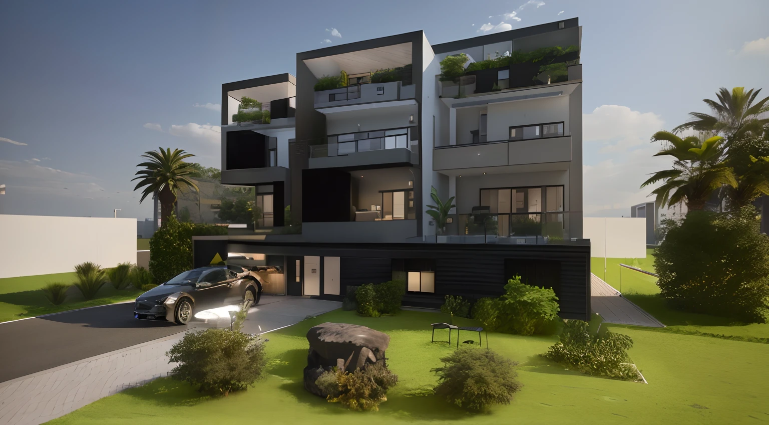 arafed view of a modern apartment building with a car parked in front, architectural visualization, exterior design, architectural 3 d render, architectural render, architectural visualisation, 3 d rendering, 3d rendering, realistic architecture, lumion render, architectural rendering, realistic concept, architecture render, professional render, concept house, lumion rendering, overall architectural design