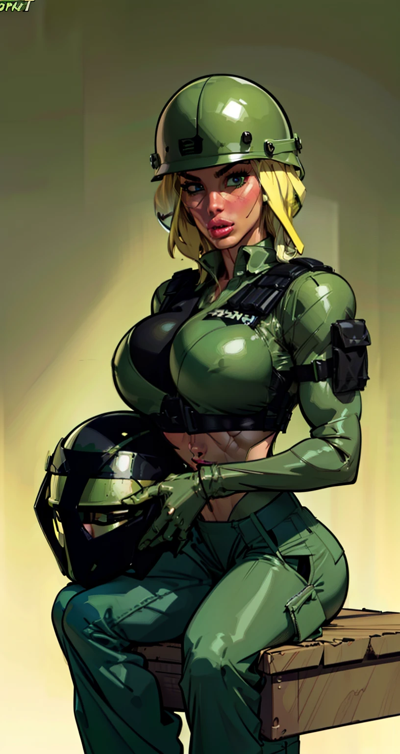sexy ((soldier1.6))((green combat helmet helmet:1.5)) wearing ((khaki cargo pants:1.4))(perfect face), detailed face, (symmetrical eyes), perfect nose, ((green cargo vest:1.2)), wearing ((small black bra on :1.4)) that barely covers the , (gigantic breasts:1.4) ((blonde hair combed to side:1.6)) analog style posing against a military tank, (backlit)1.2, (film grain)1.2, cinematic movie still frame, low-rise pants (large lips, bimbo style, thepit, perfect eyebrows)