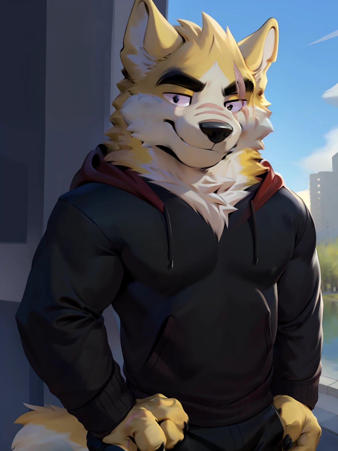 masterpiece, best quality, nj5furry,furry male, 1boy, furry, male focus, solo,animal ears, formal, wolf ears,wolf boy, smile ,
white fur, yellow fur, brown fur, two-tone fur,black eyes, black shirt, red hood, black hoodie, thick eyebrows, tail, scar on eye,yellow ears,
((full body,)), perfect anatomy,
by chunie, laying on bed, resting on side, seductive pose, pulling pants down slightly, looking at camera, revealing, sultry, hot