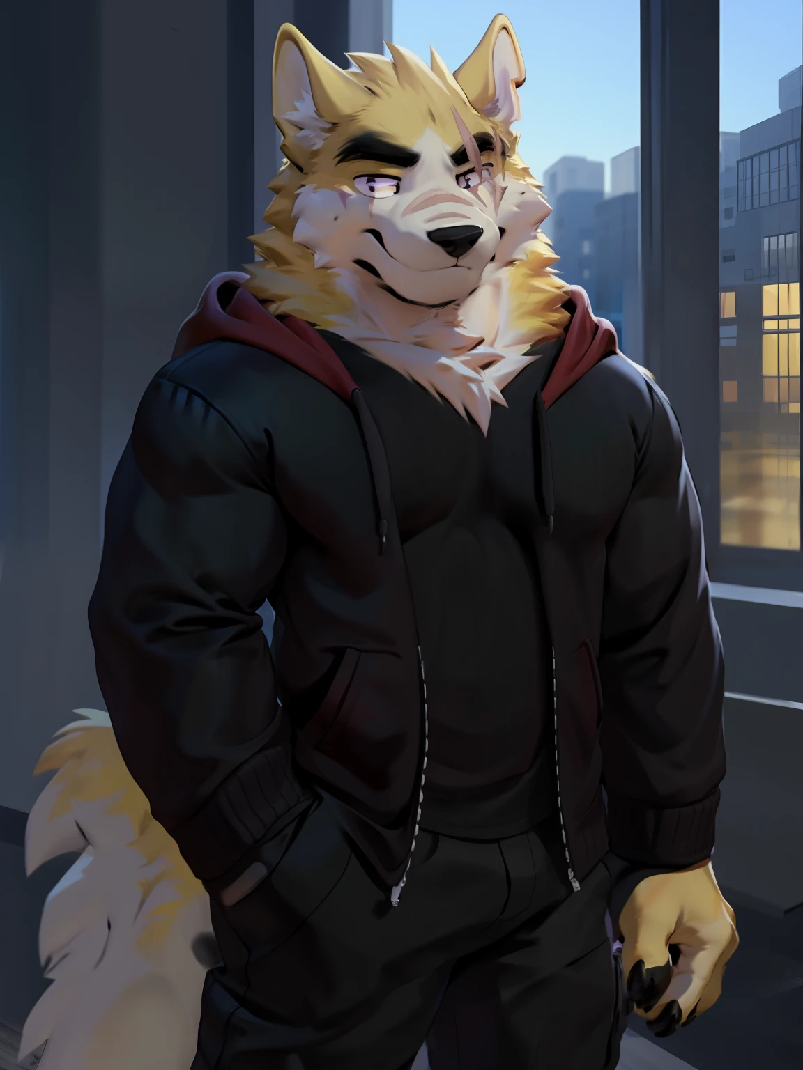 masterpiece, best quality, nj5furry,furry male, 1boy, furry, male focus, solo,animal ears, formal, wolf ears,wolf boy, smile ,
white fur, yellow fur, brown fur, two-tone fur,black eyes, black shirt, red hood, black hoodie,  thick eyebrows, tail, scar on eye,yellow ears, 
((full body,)), 
by chunie