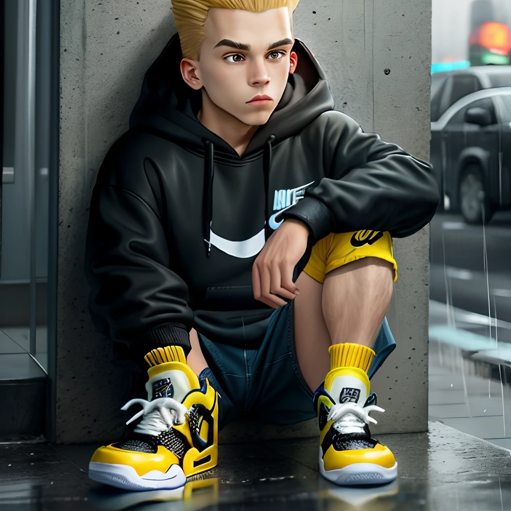 Bart Simpson wearing Air Jordan 4s wearing a Nike hoodie sitting alone sad in the rain on a cold day