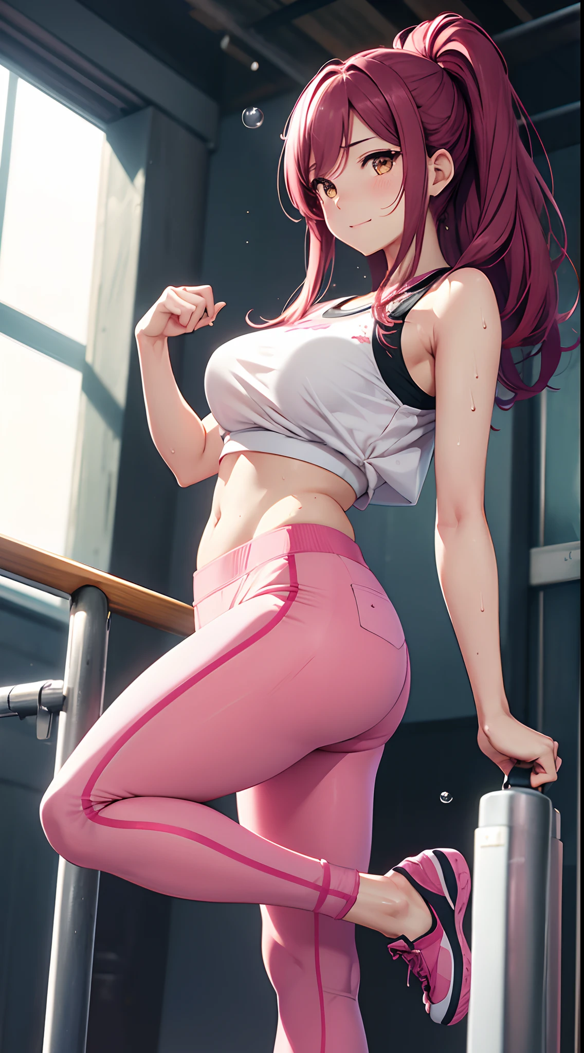 Sakurauchi riko, pink skinny sweet pants, tight gym bra, sweating,sweat drops , slightly smile, (cleavage:0.7),unstyled hair,wet hair,yellow eyes, (from side:0.677),thicc legs, standing, arms behind back