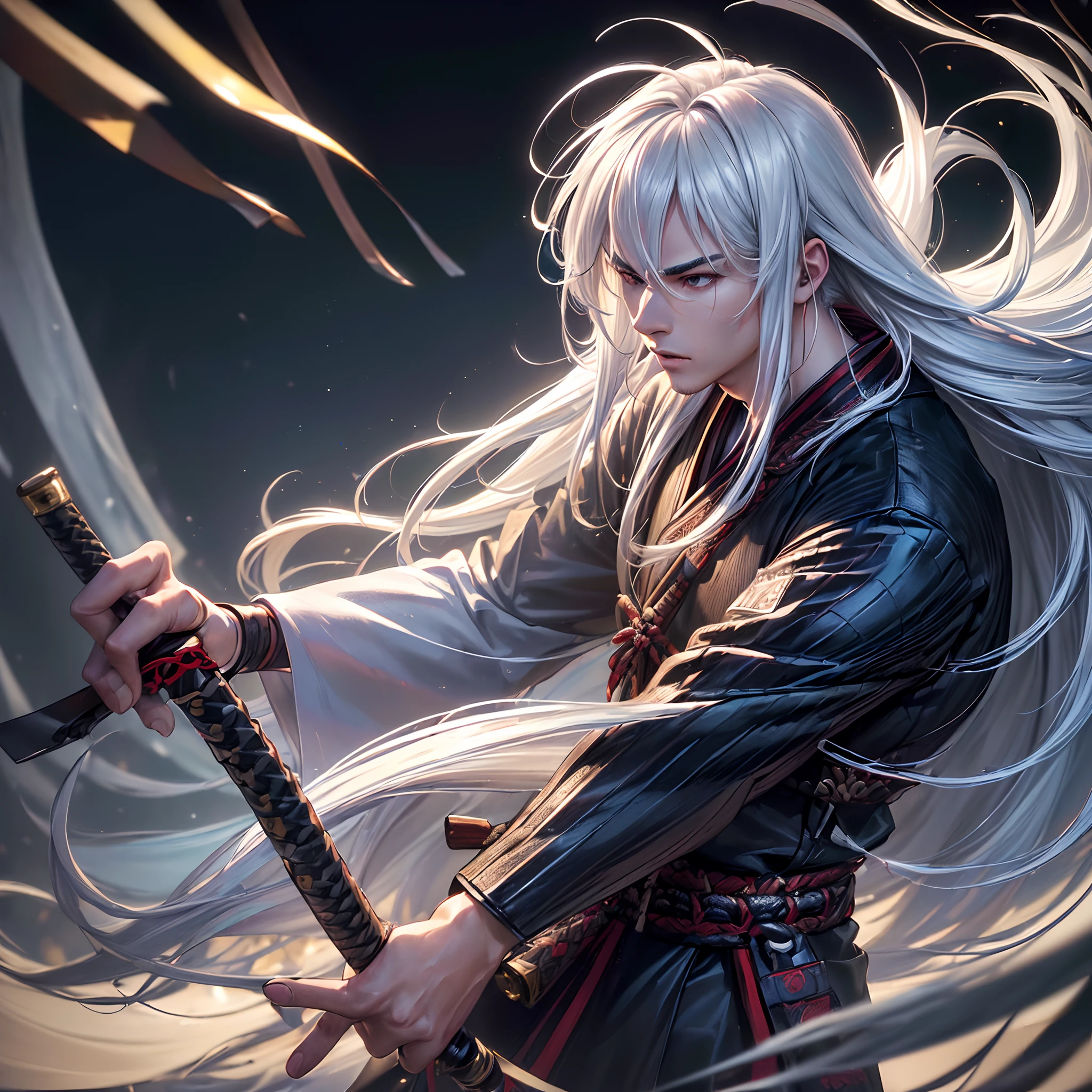 (high quality,ultra-detailed,photorealistic:1.37),(HDR,UHD,studio lighting),(cyberpunk) portrait of a (young male) with (long and white hair), (Asian), (samurai) style, featuring (long and white hair). The subject is dressed in dark clothing and is depicted wielding (two katanas). The background showcases a cityscape engulfed in war.